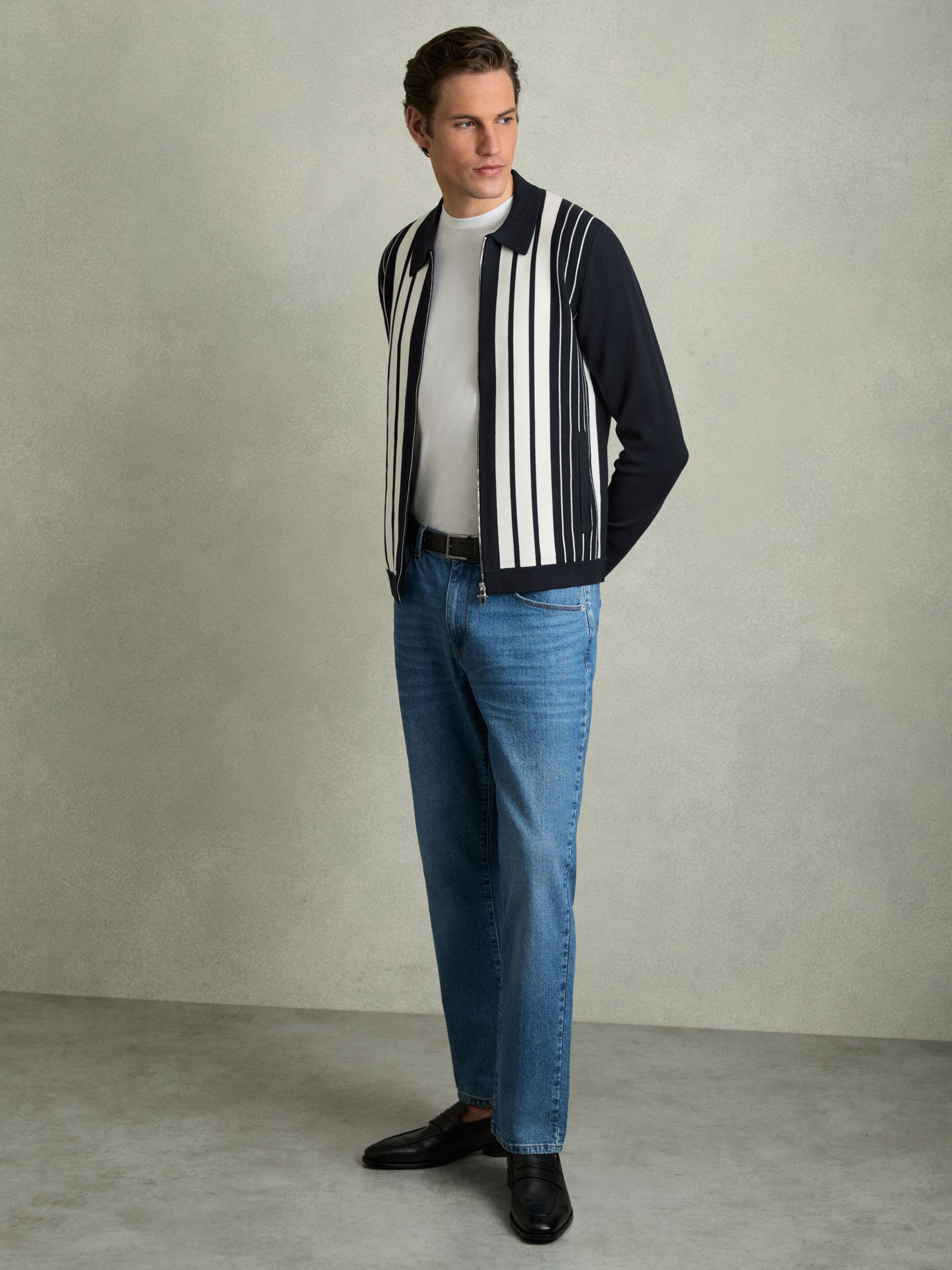 Striped Zip Through Knitted Jacket in Navy/White