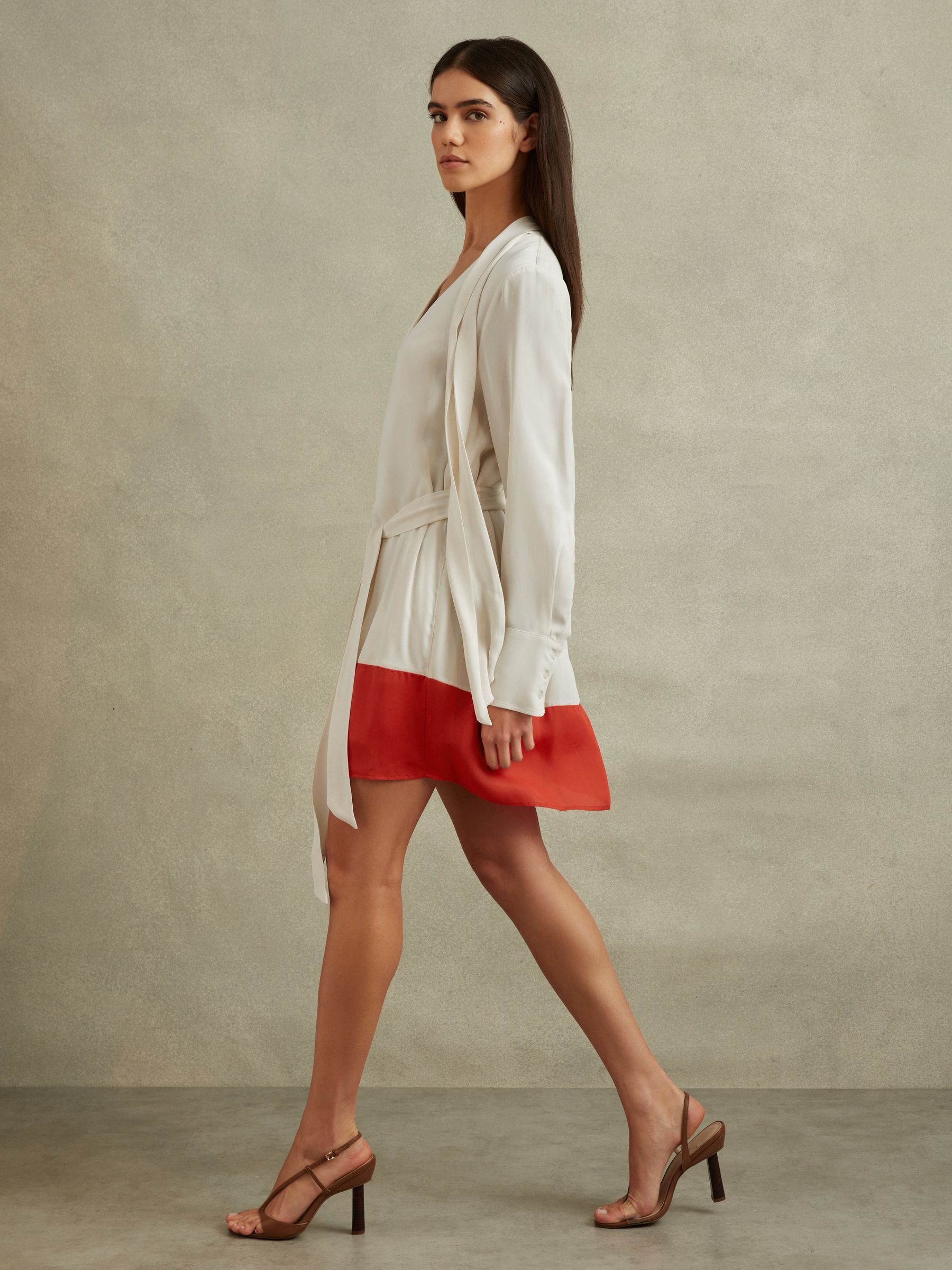 Tie Neck Shift Dress in Cream/Red