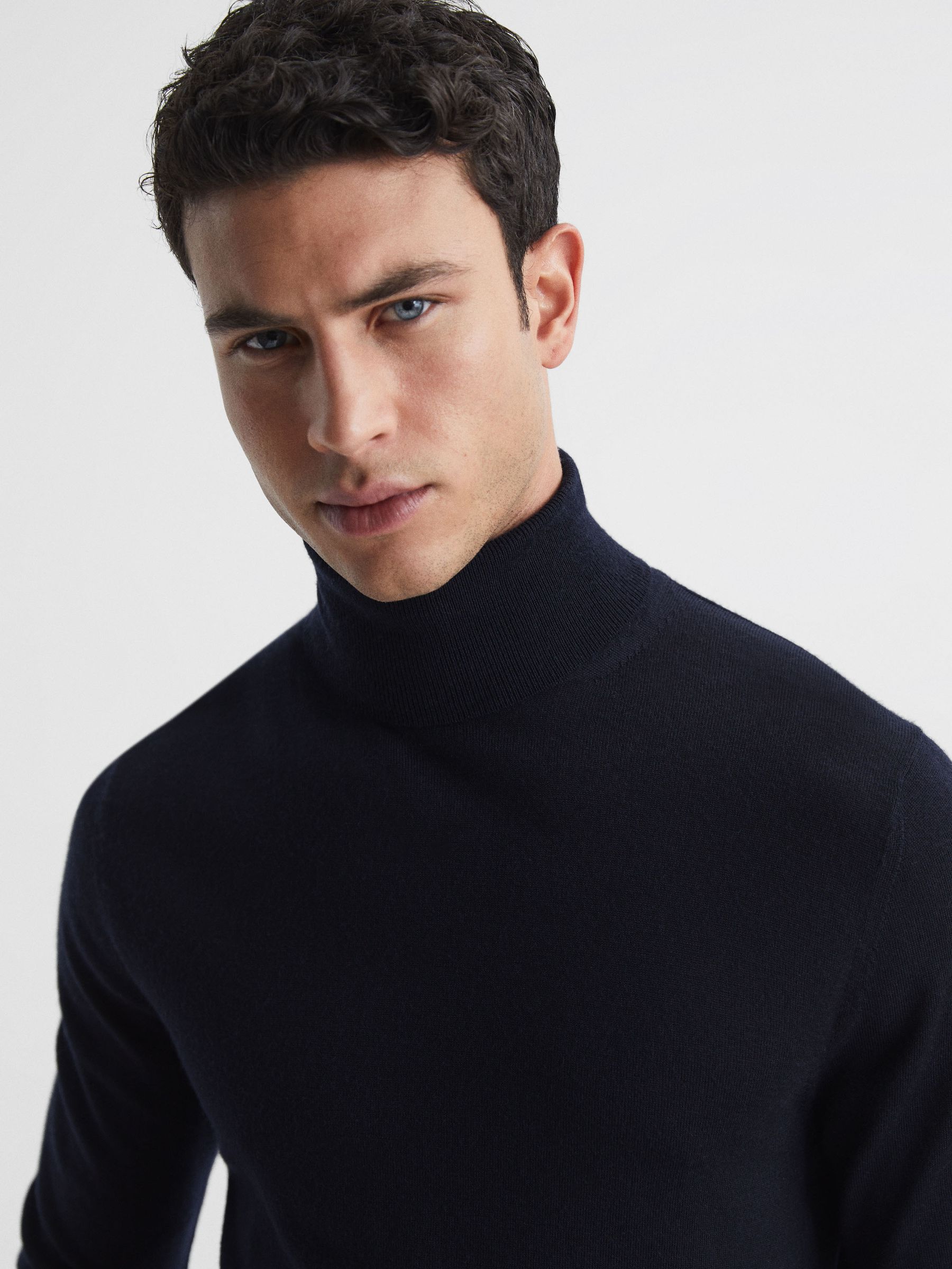 Slim Fit Merino Wool Roll Neck Jumper in Navy