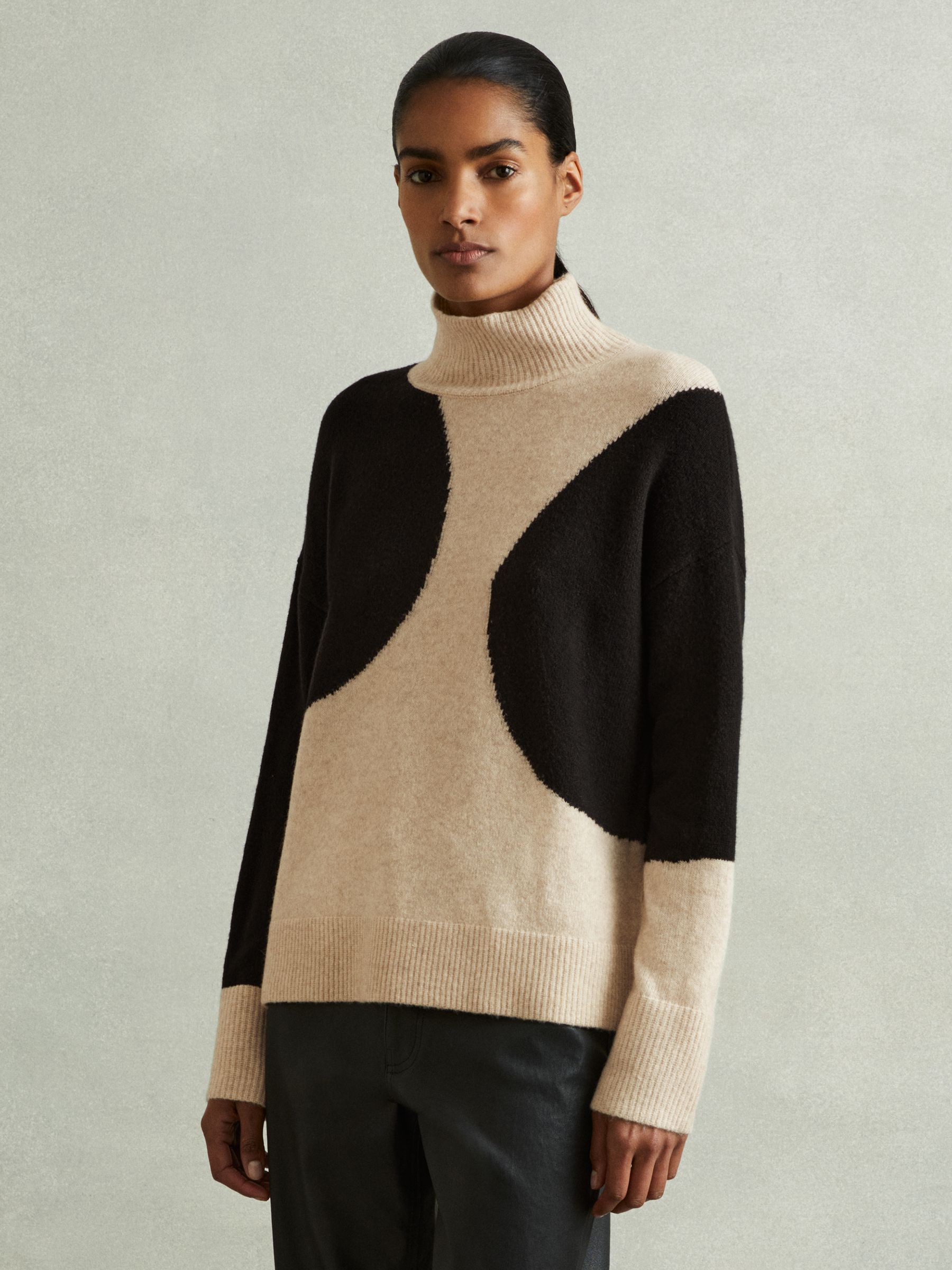 Colourblock Roll Neck Jumper in Oatmeal/Black
