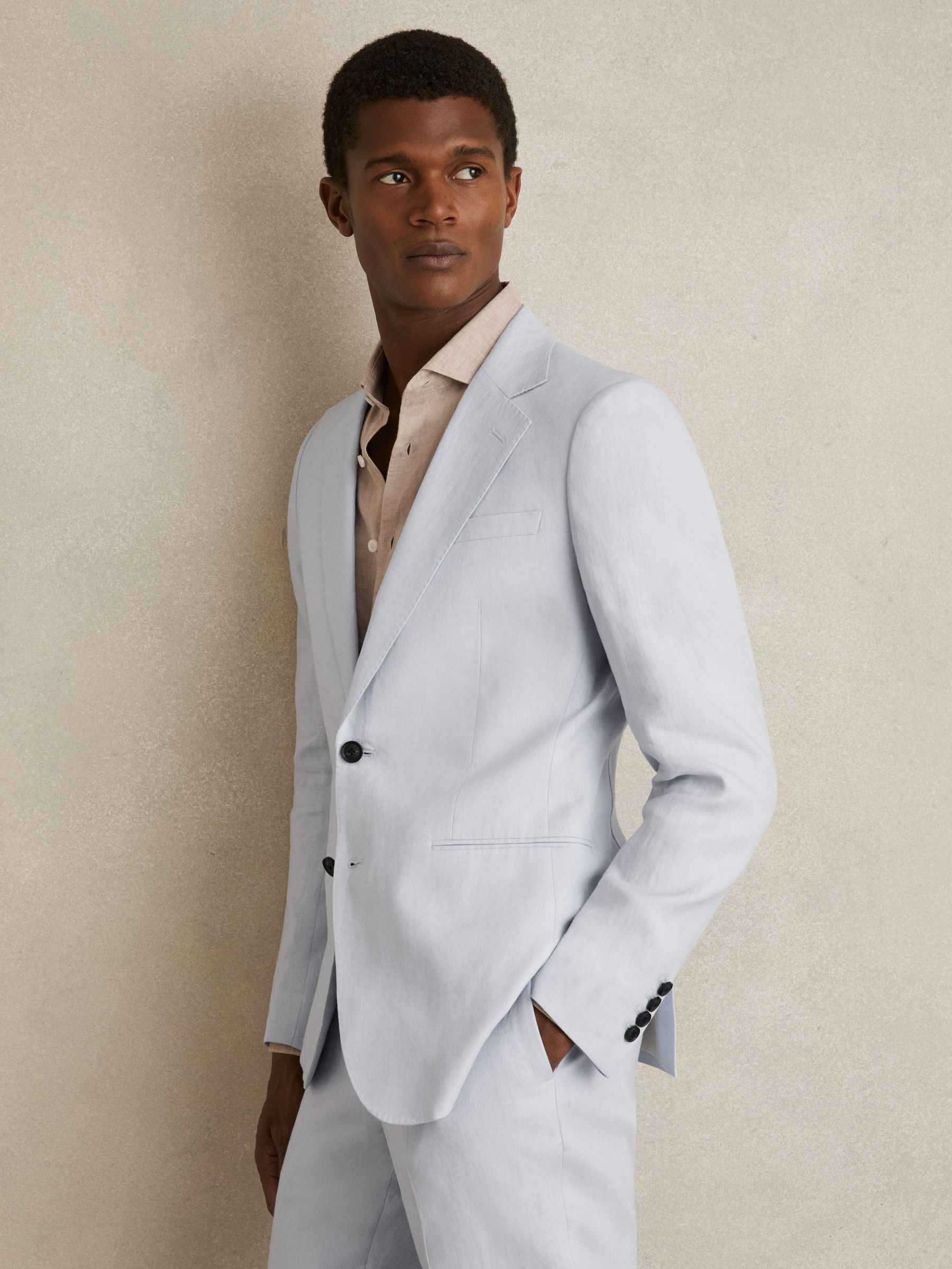 Slim Fit Single Breasted Linen Blazer in Soft Blue
