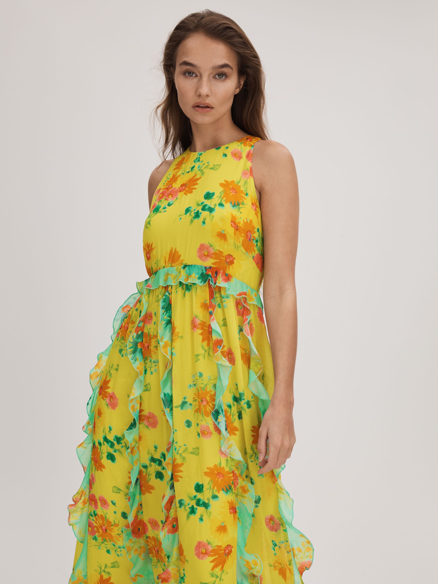 Florere Printed Ruffle Midi Dress in Lime