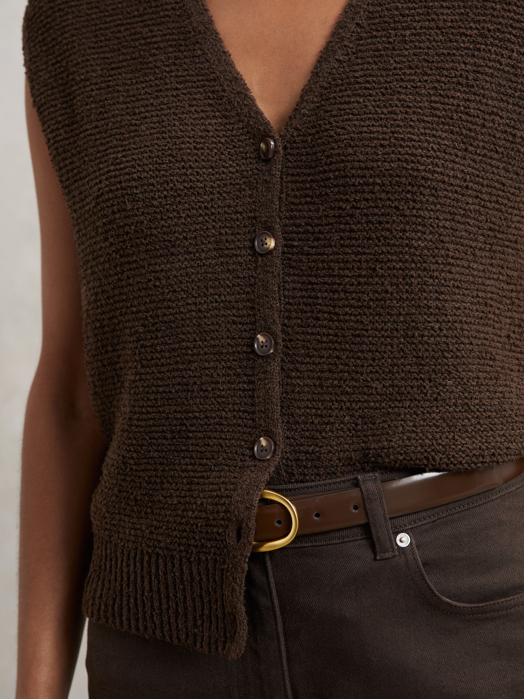 Cotton-Linen Button-Through Knit Top in Chocolate Brown