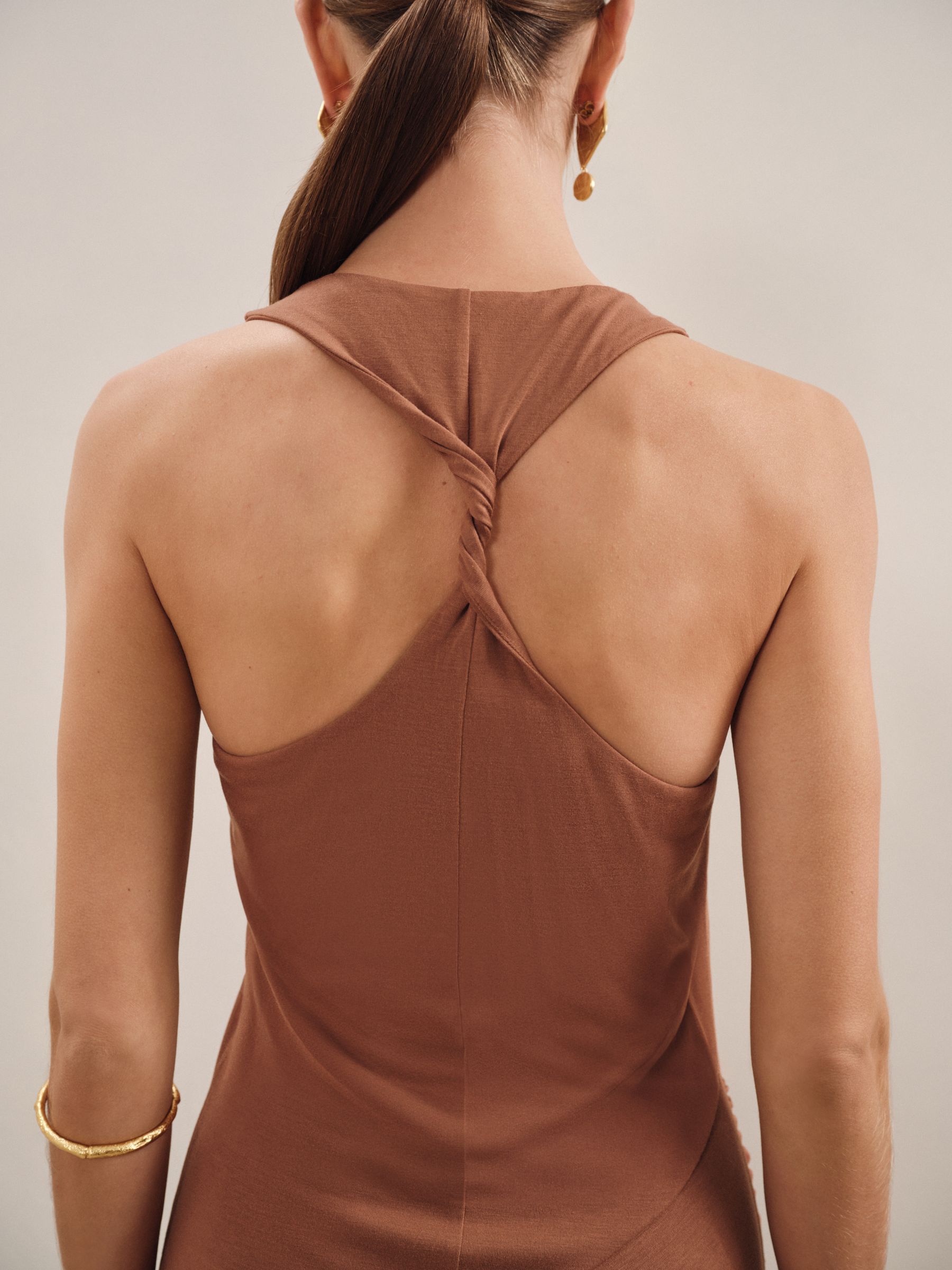 Ruched Jersey Midi Dress in Brown