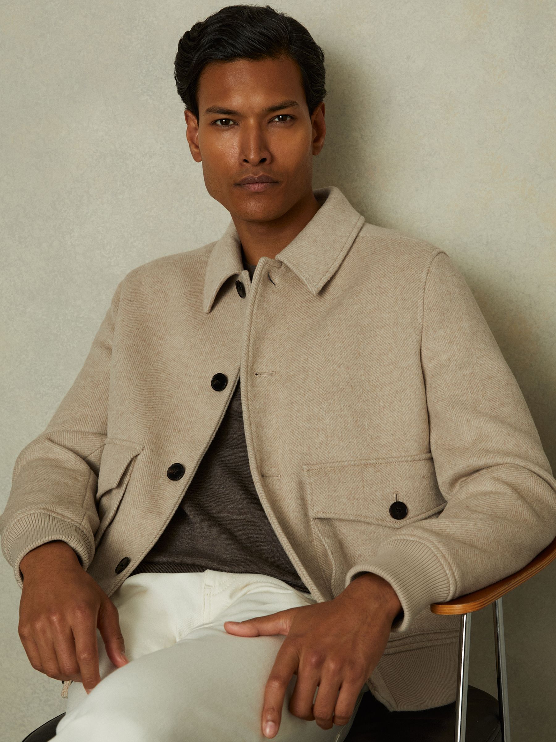 Bak Oatmeal Herringbone Wool Blend Herringbone Jacket