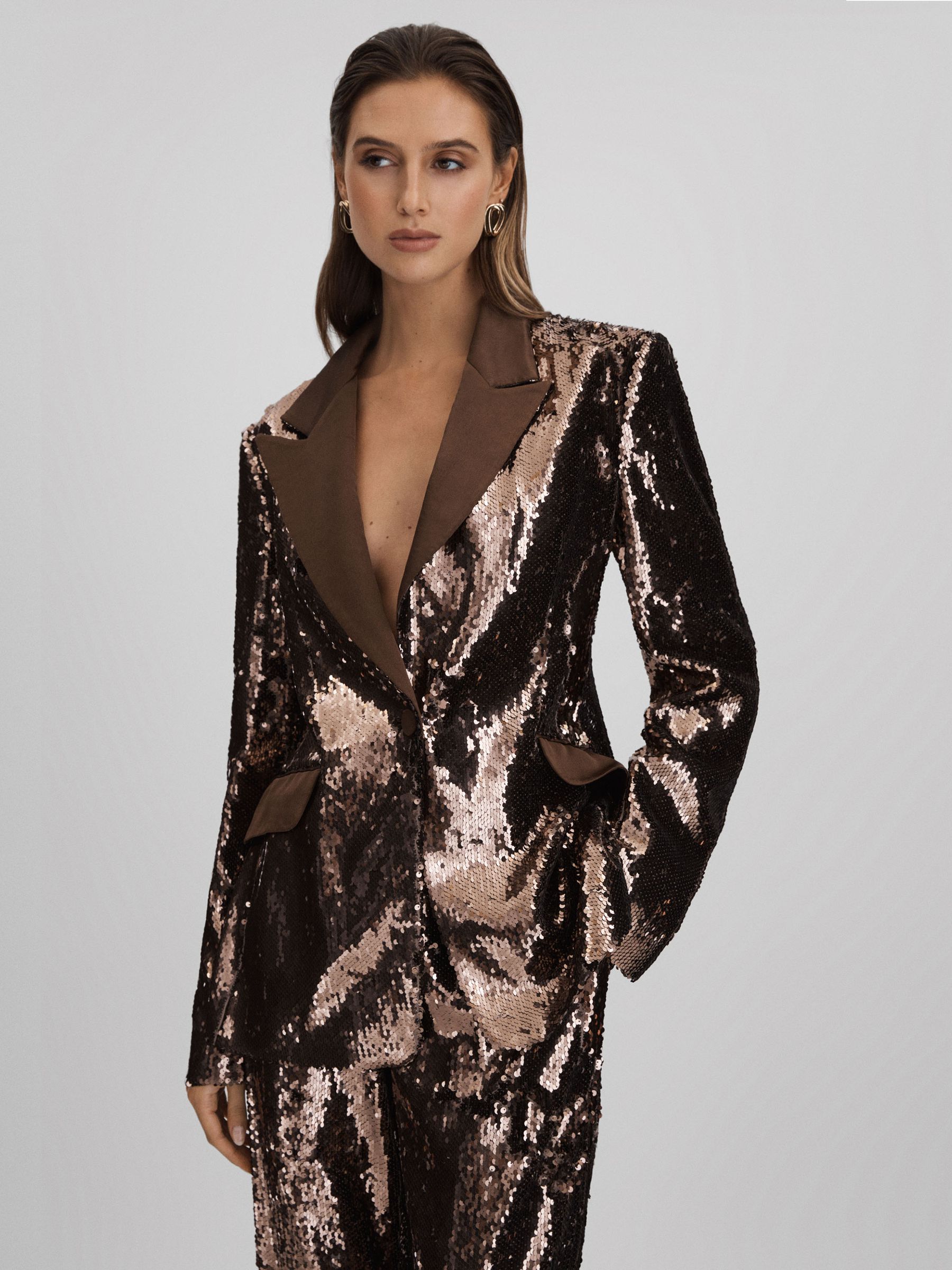 Halston Tailored Sequin Single Breasted Blazer in Java