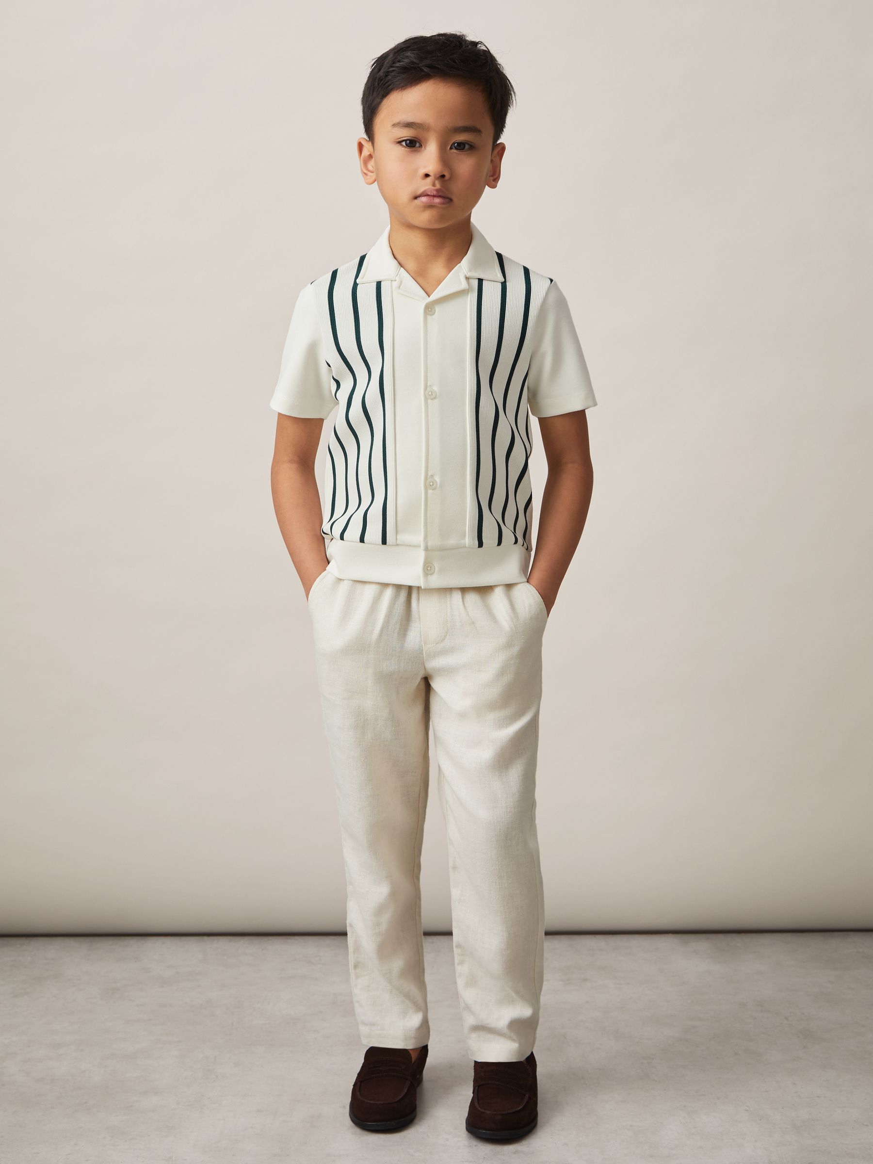 9-13 yrs Stripe Cuban Collar Shirt in Off White/Green