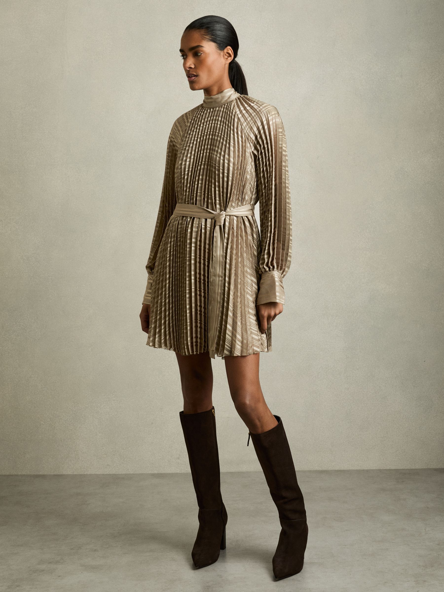 Pleated Belted Mini Dress in Sage