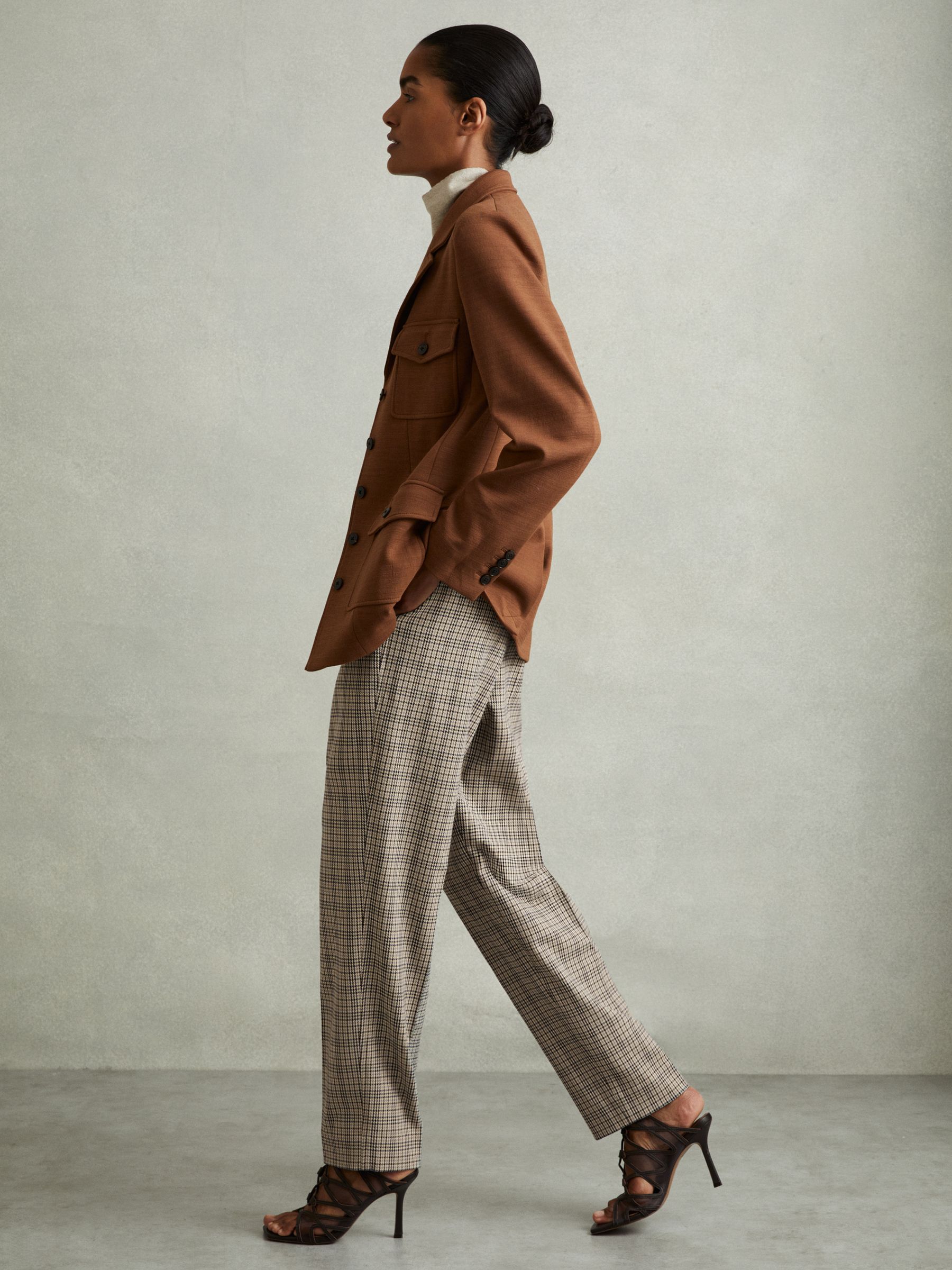 Karina Neutral Check Elasticated Waist Tapered Trousers
