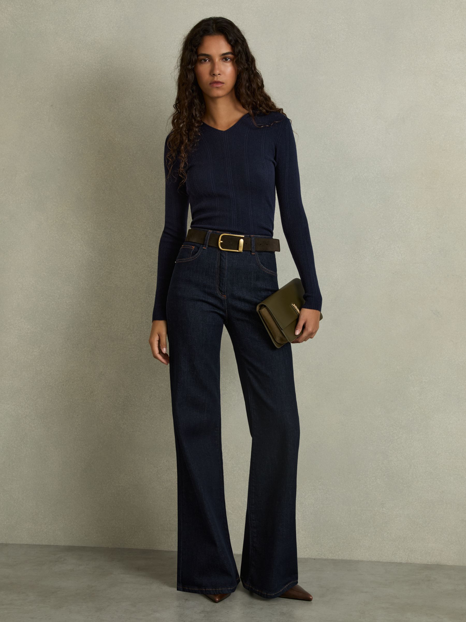 Wool-Blend Rib-Knit Hooded Jumper in Navy