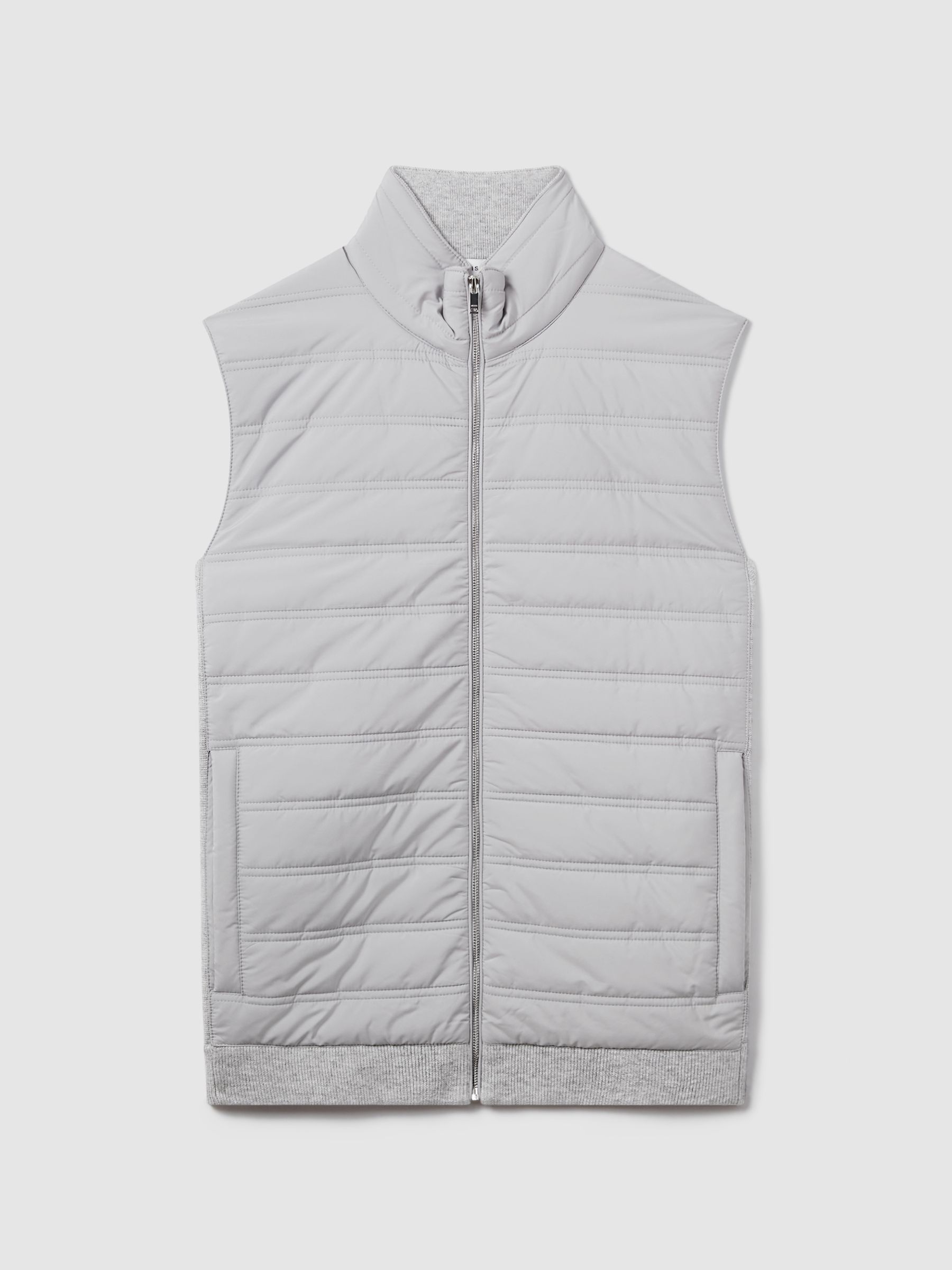 Hybrid Quilt and Knit Zip-Through Gilet in Soft Grey