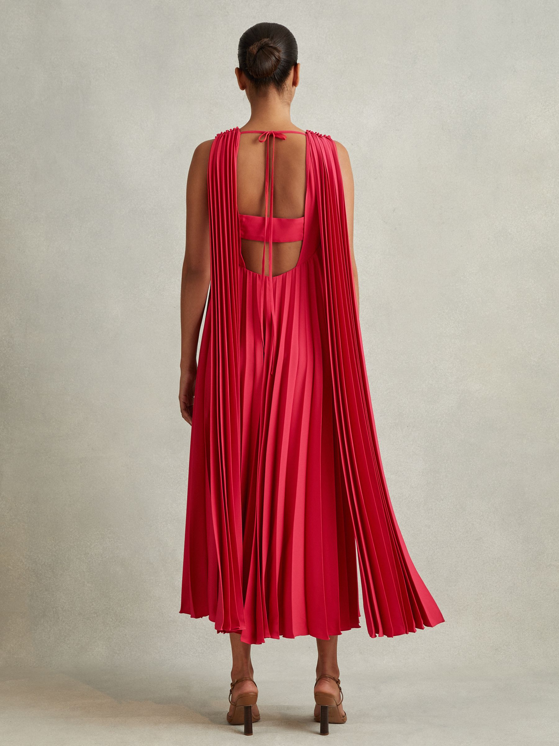 Pleated Cape Sleeve Midi Dress in Coral