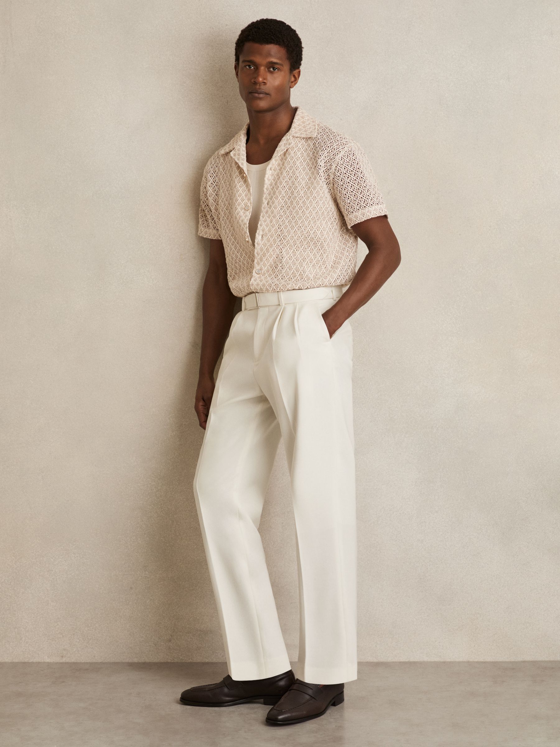 Wool-Blend Belted Trousers in White