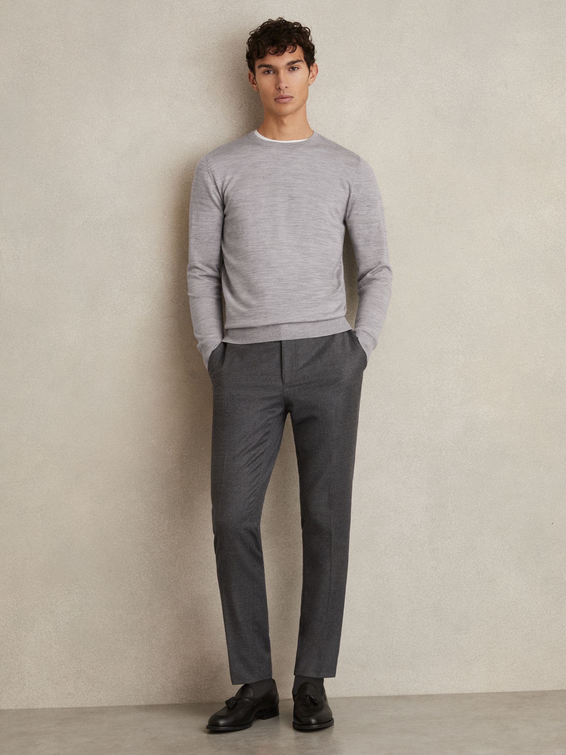 Merino Wool Crew Neck Jumper in Soft Grey Mouline