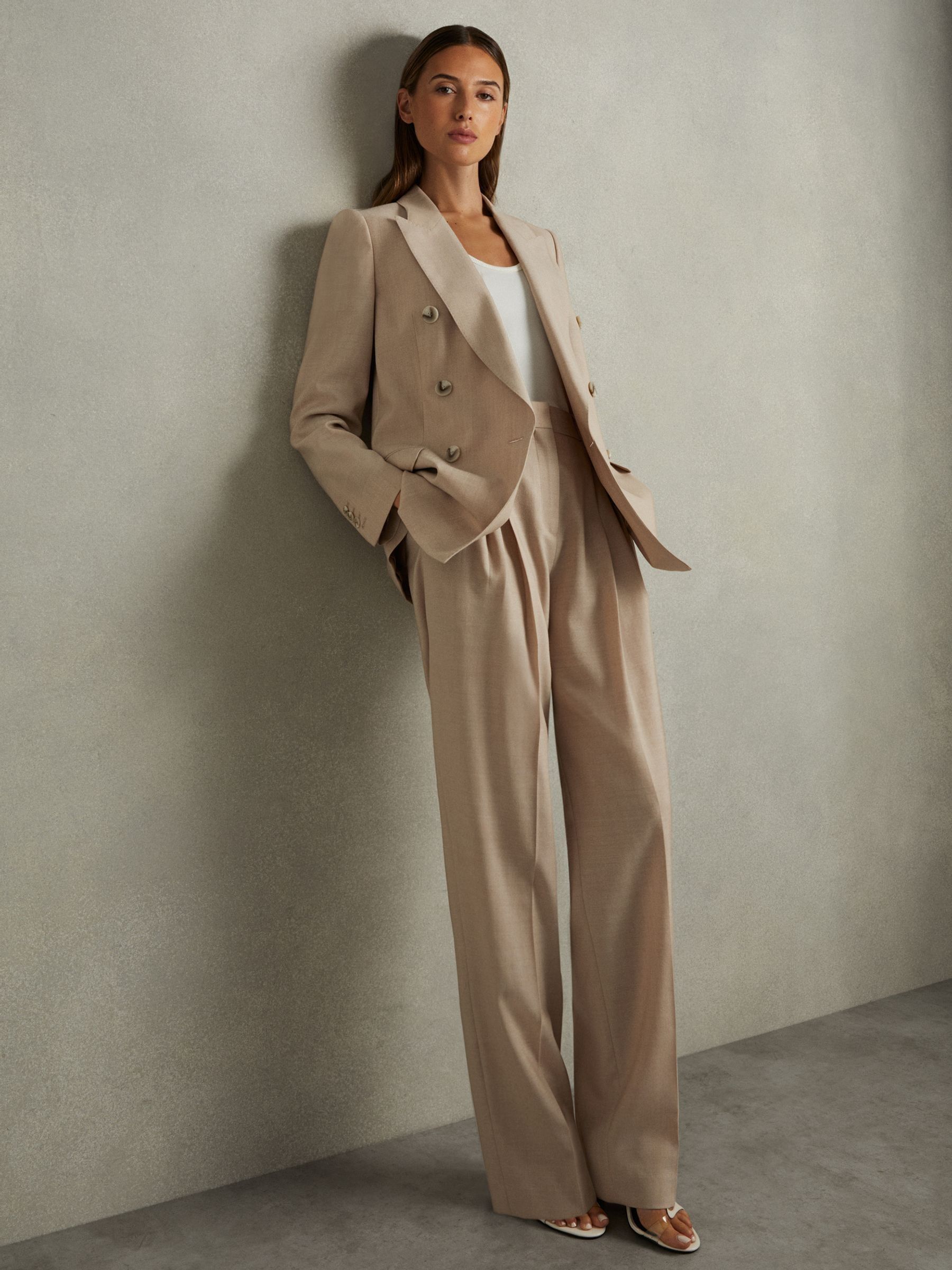 Wool Pleat Front Wide Leg Suit Trousers in Neutral