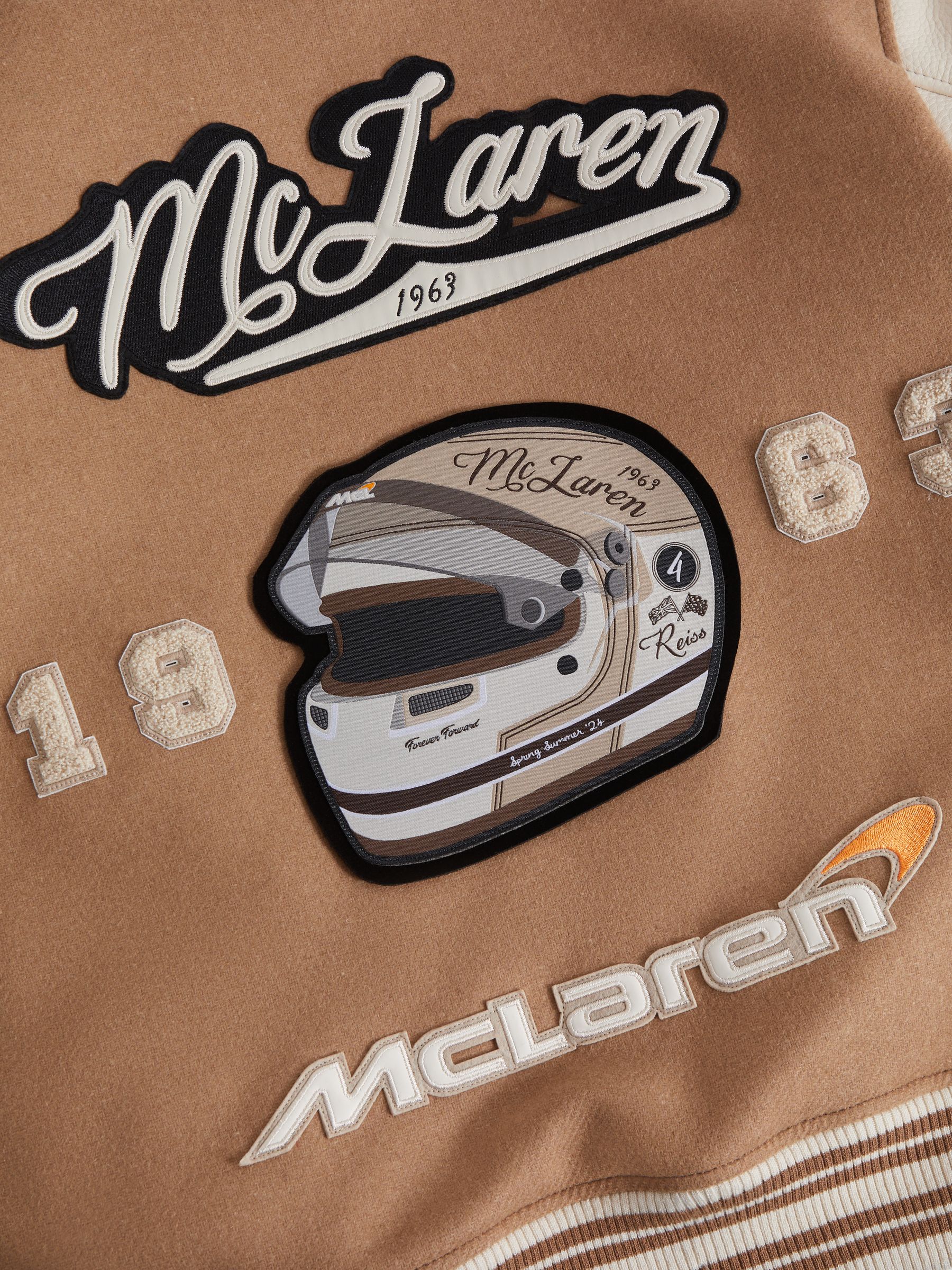 McLaren F1 Leather Varsity Jacket in Camel/Ecru