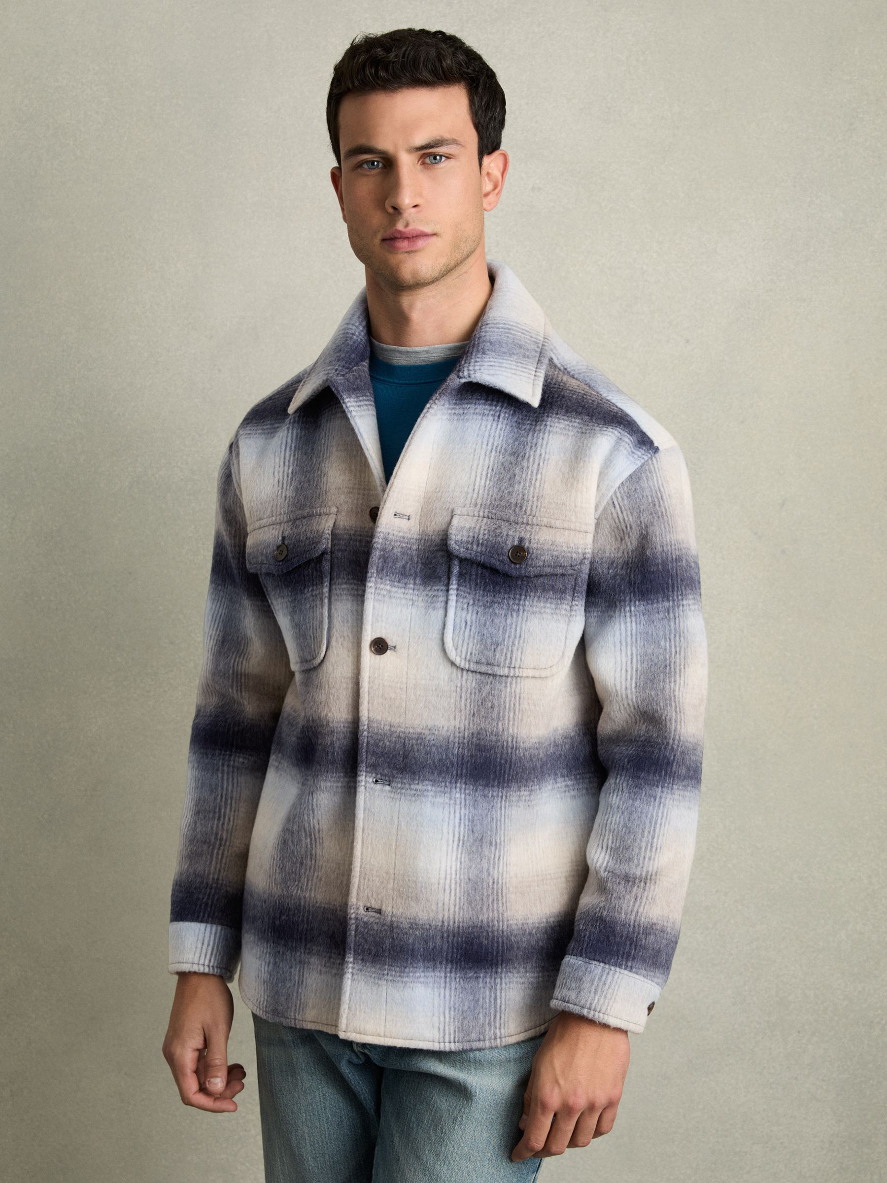 Brushed Wool-Blend Check Overshirt in Blue Multi