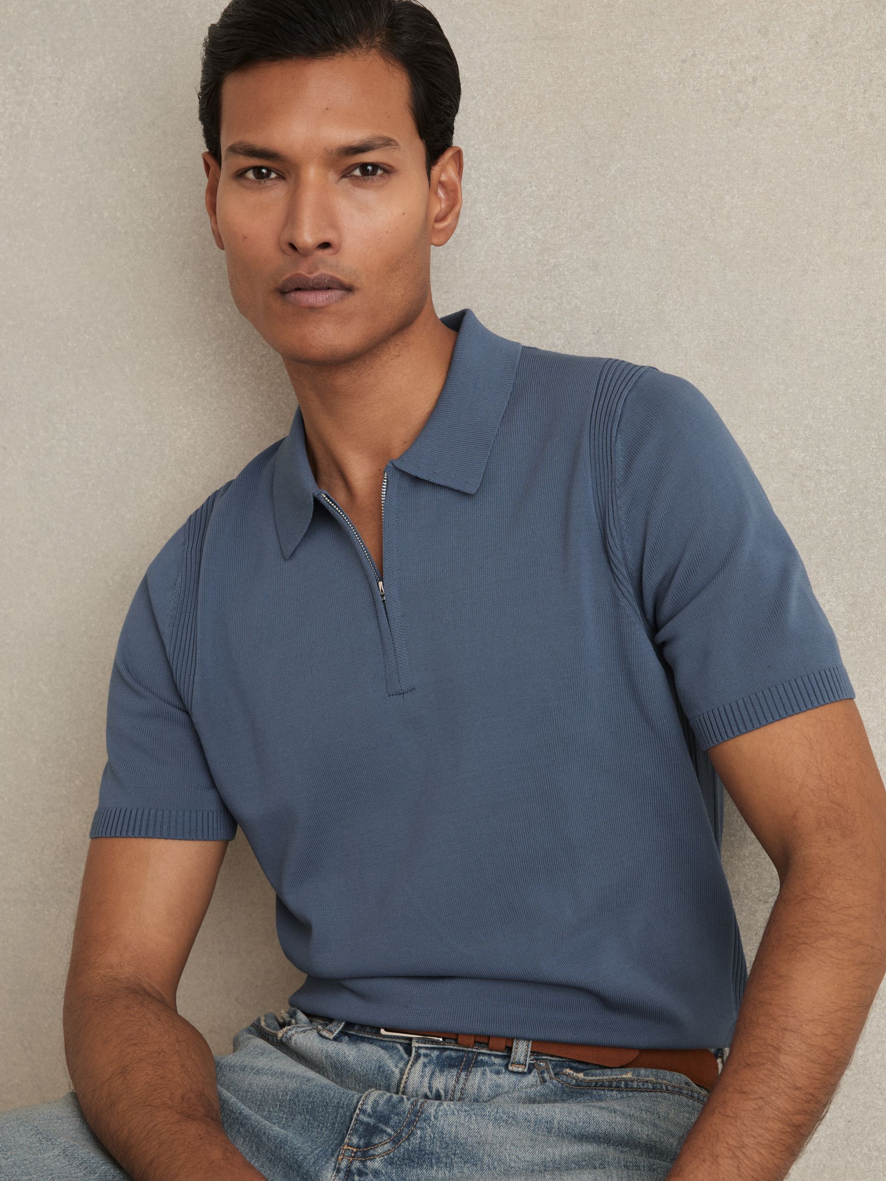 Cotton Half-Zip Knitted Polo Shirt in Airforce Blue