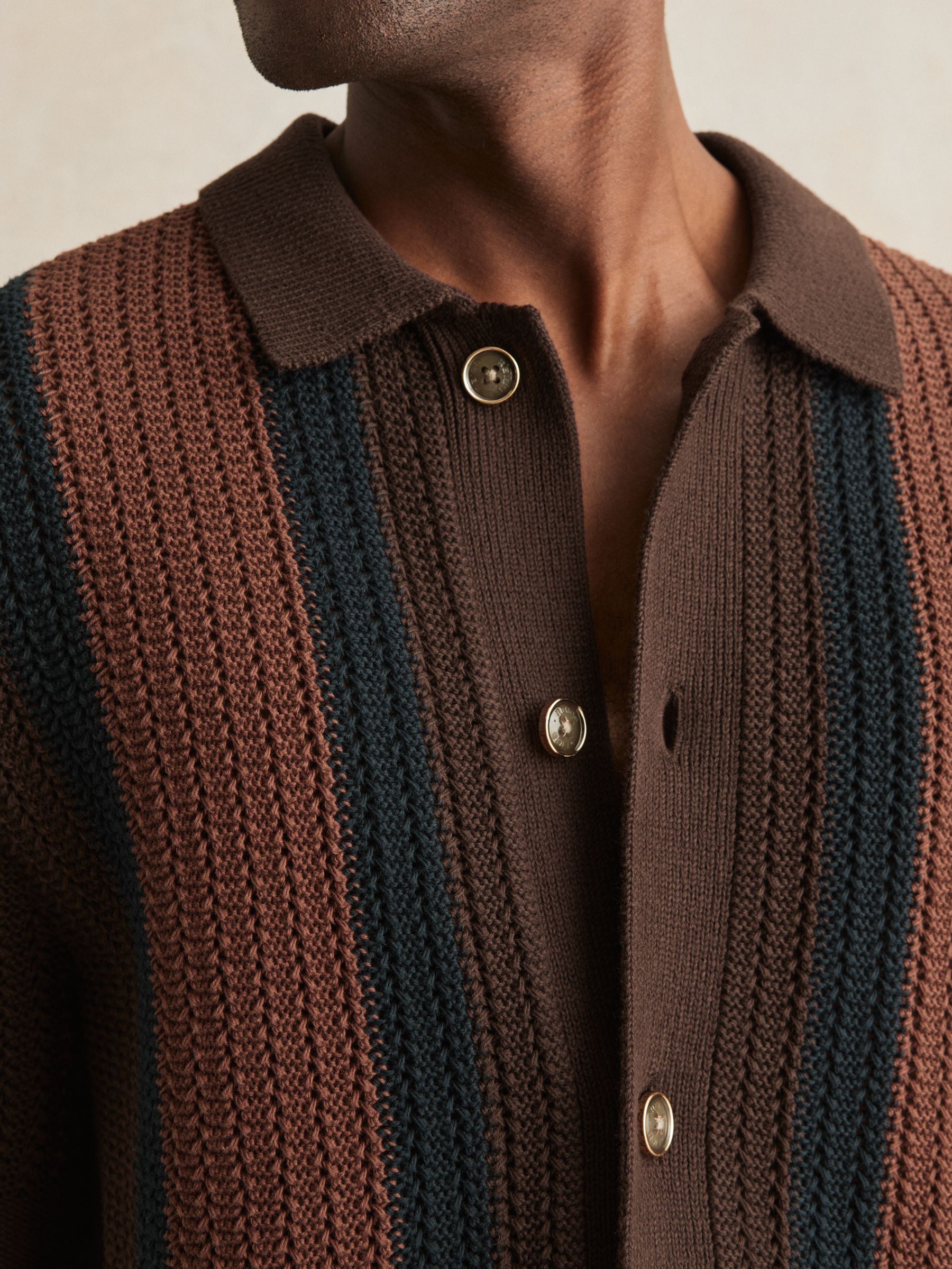 Cotton Textured-Knit Stripe Shirt in Brown Multi
