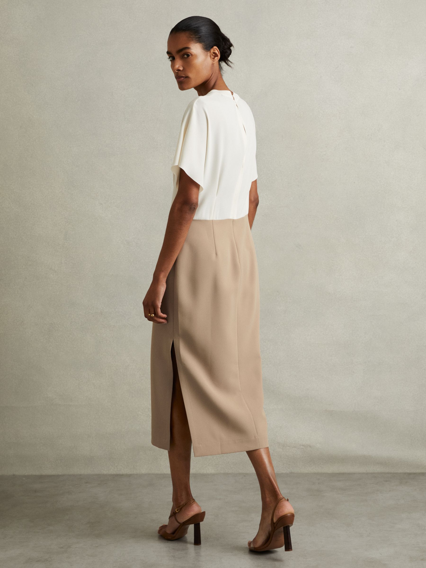 Miller Ivory/Stone Colourblock Draped Sleeve Midi Dress