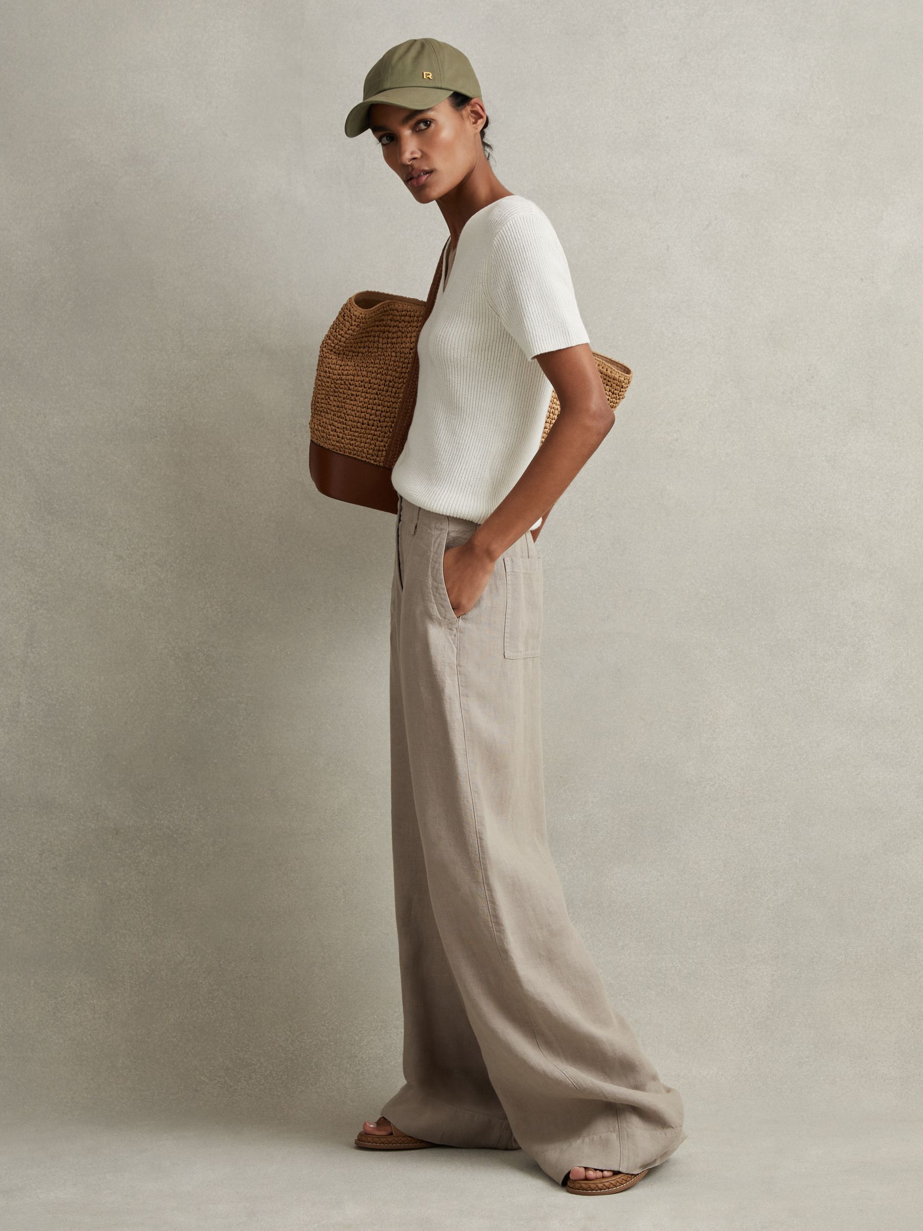 Linen Wide Leg Garment Dyed Trousers in Light Khaki