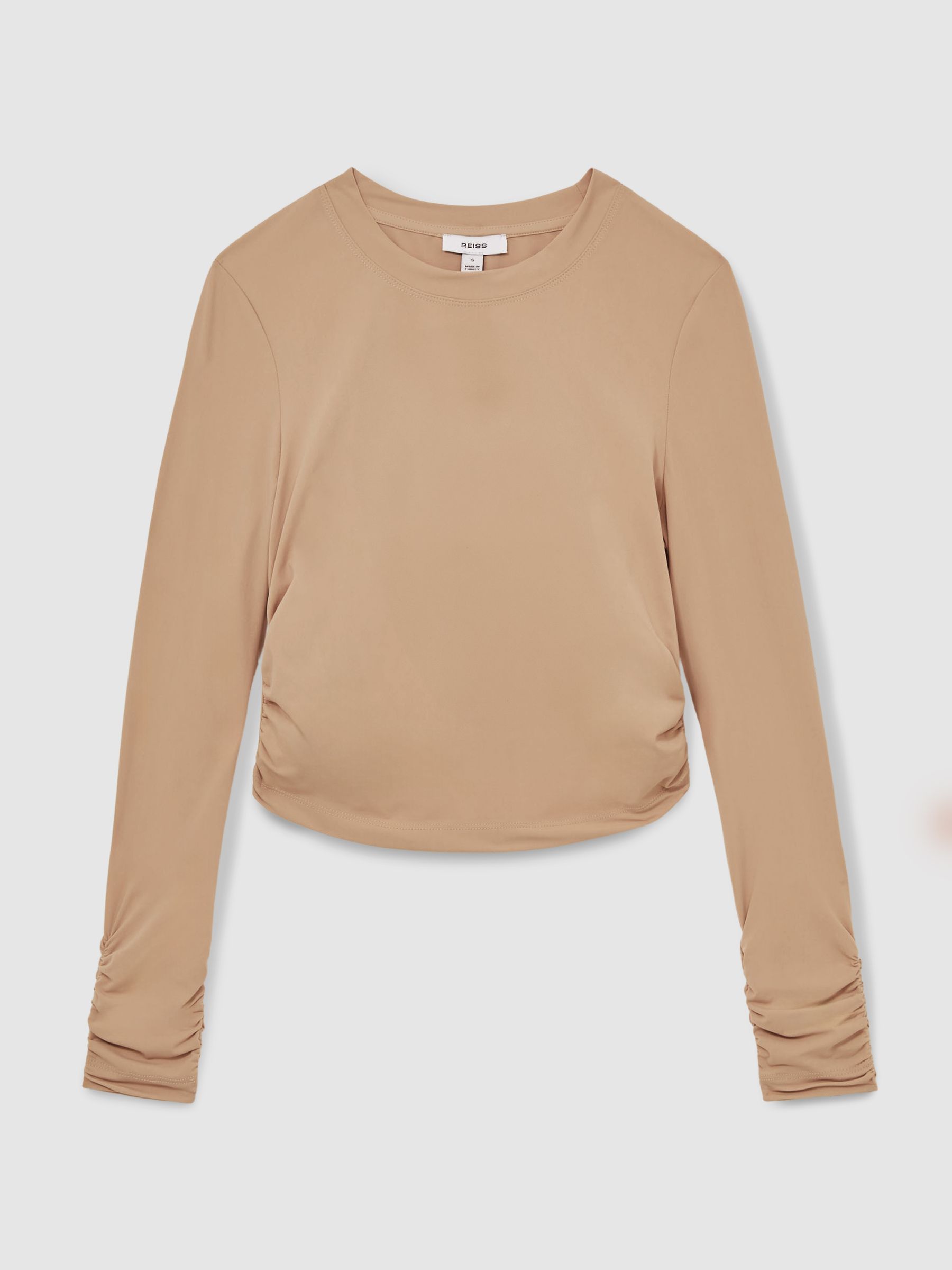 Jersey-Stretch Ruched Cropped Top in Sand