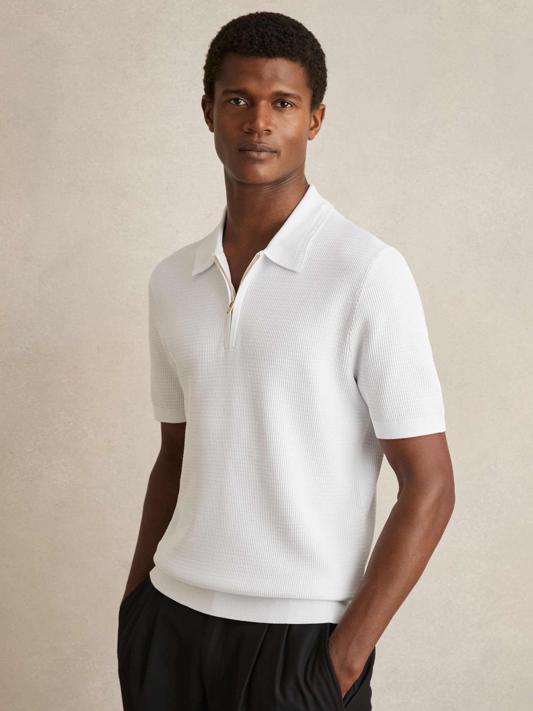 Textured Half-Zip Polo Shirt in White