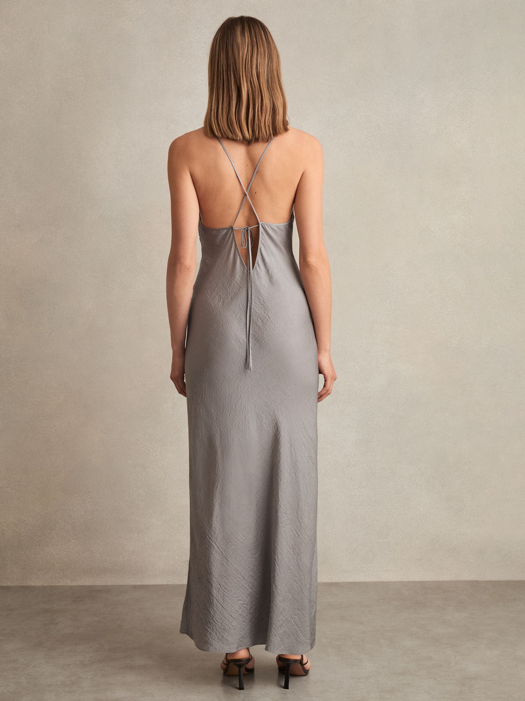 Crushed Satin Tie Back Slip Dress in Grey