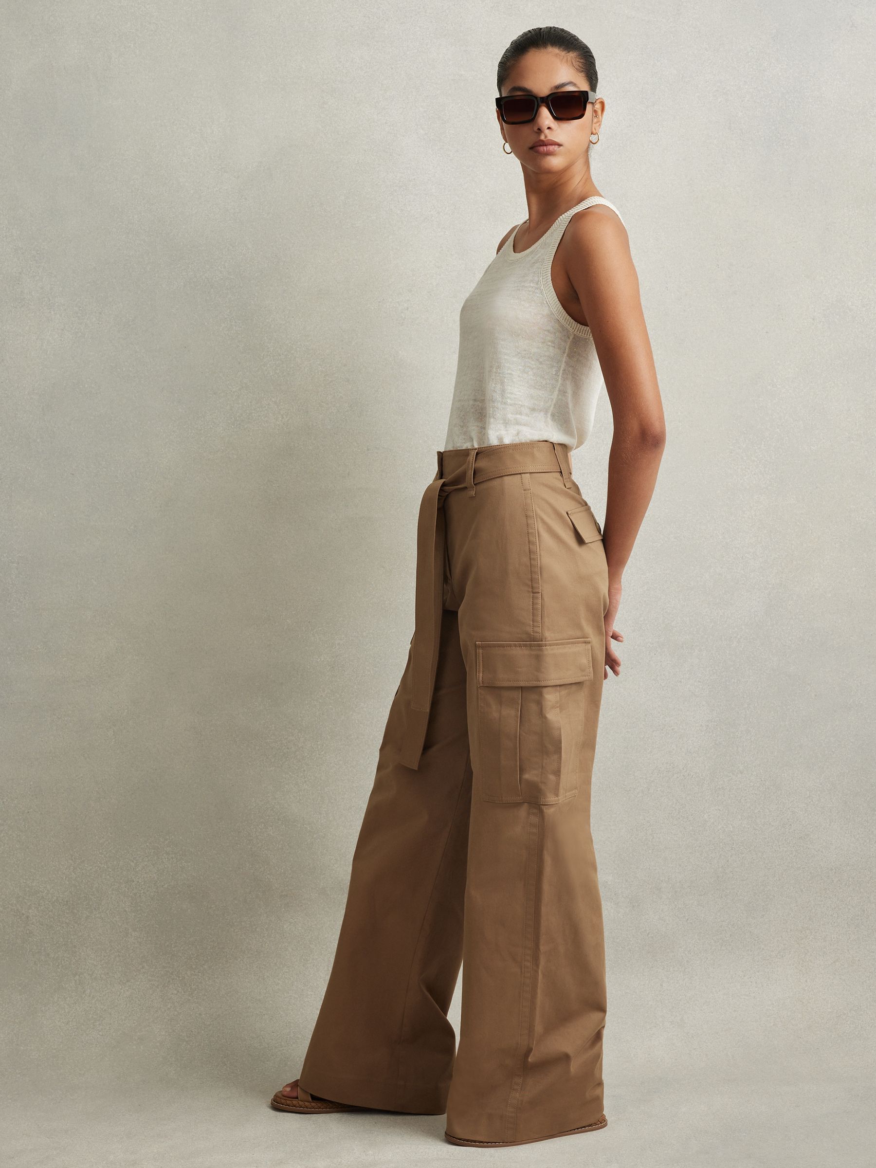Cotton Blend Wide Leg Cargo Trousers in Camel