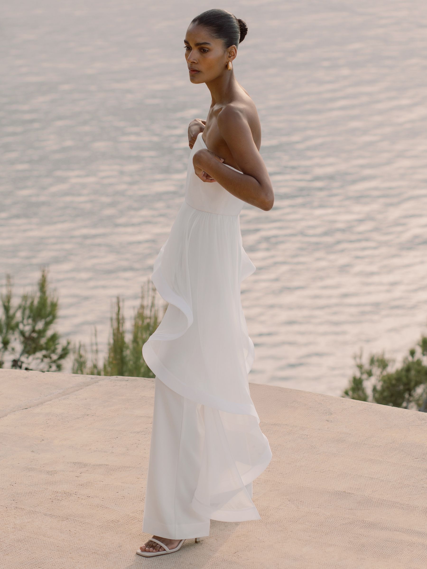 Silk Ruffle Bandeau Wide-Leg Jumpsuit in Ivory