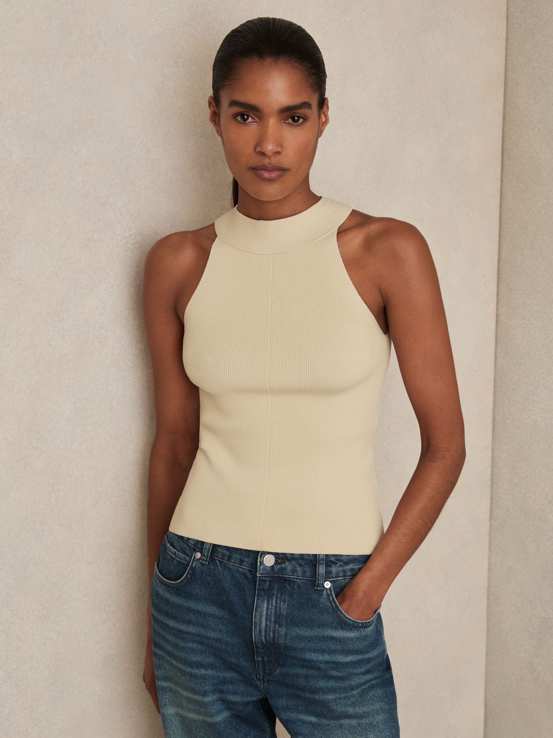 Rib Knit High Neck Vest in Ivory