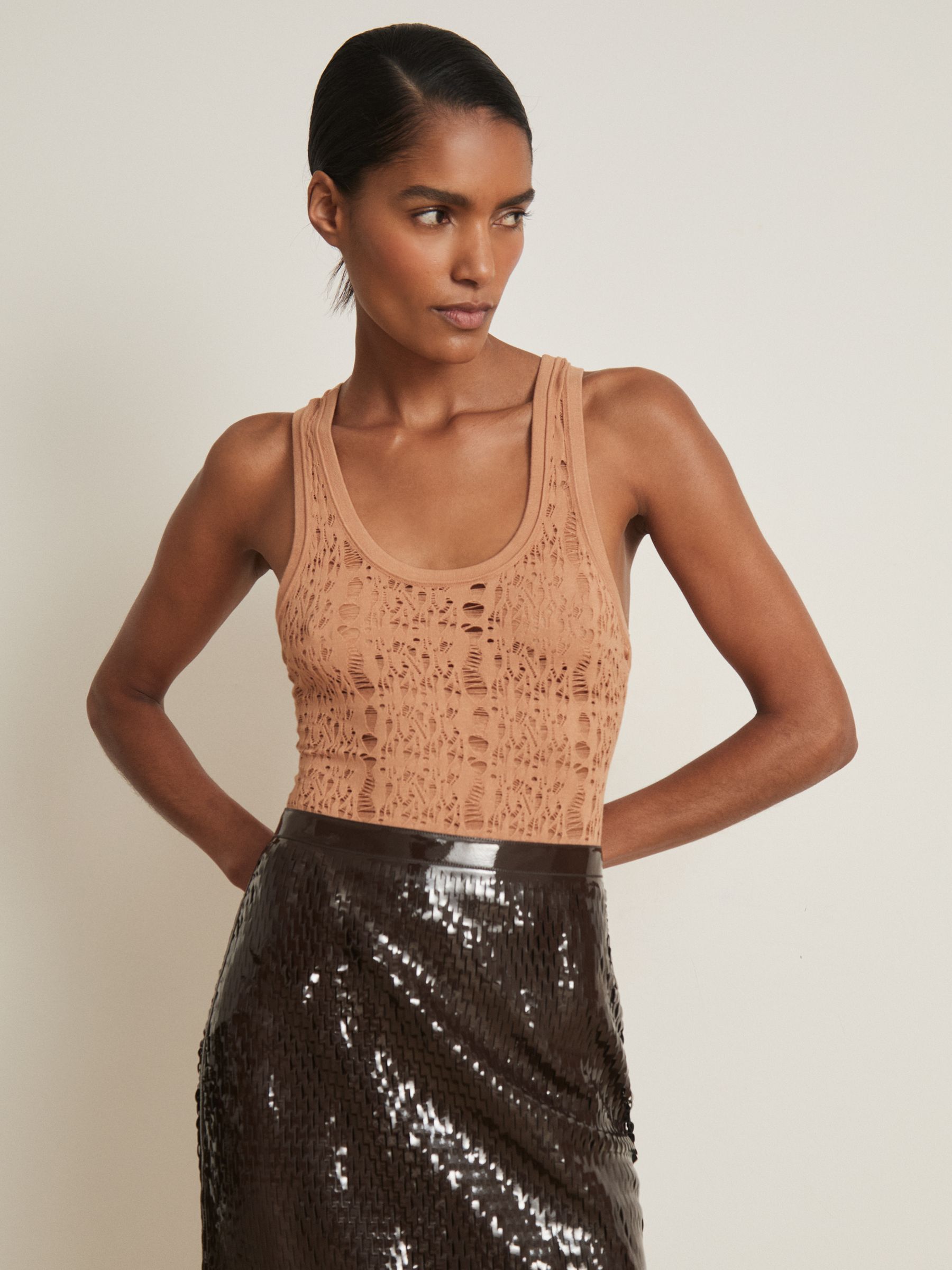 Atelier Ladder Knit High Neck Bodysuit in Tan