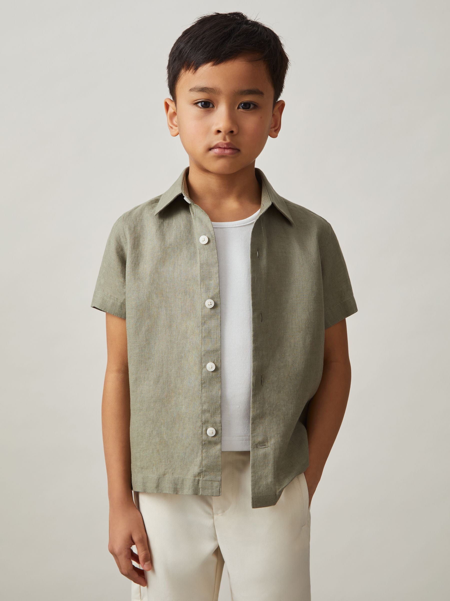 3-9 yrs Linen Short-Sleeve Shirt in Thyme Green