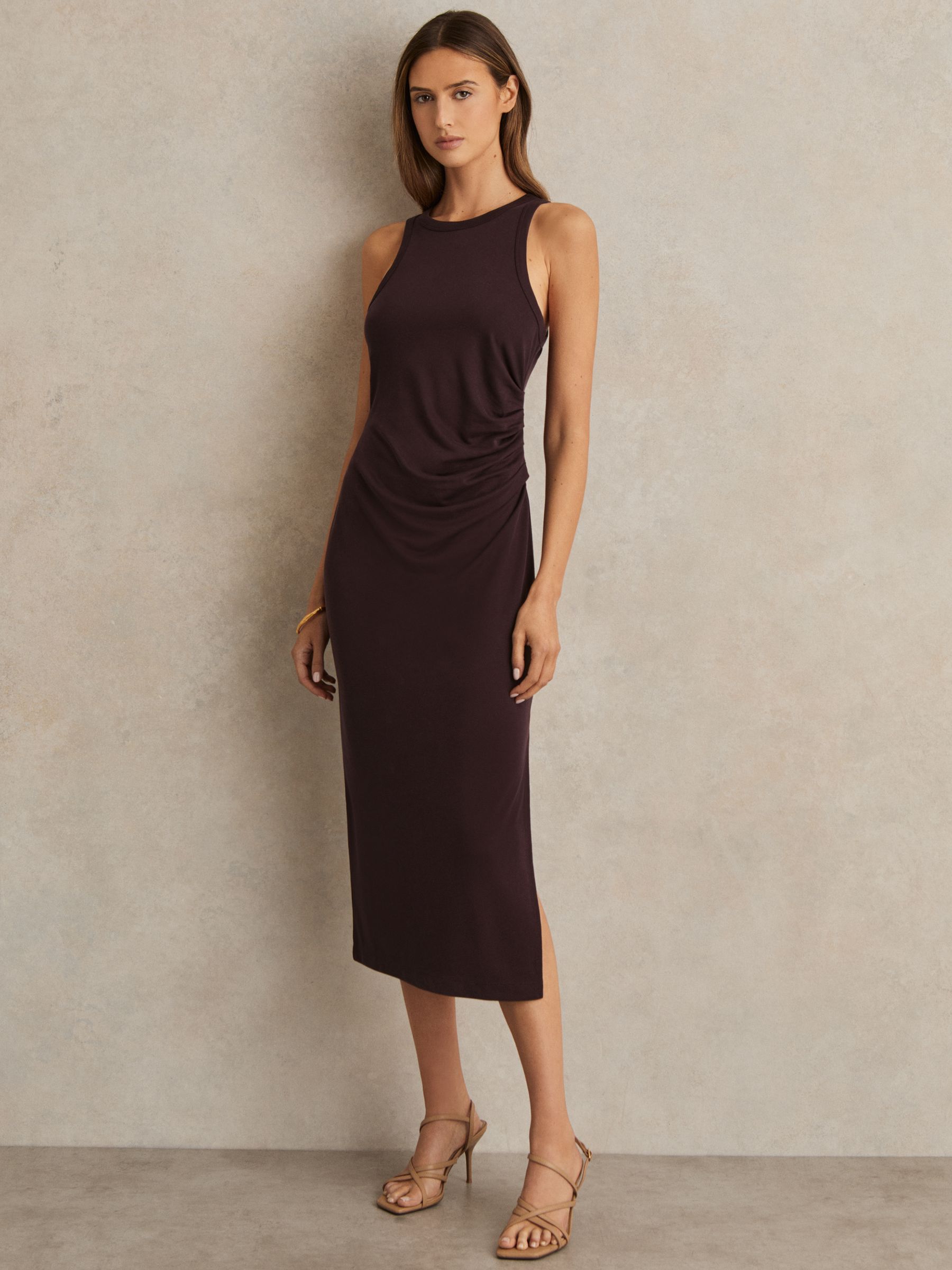 Jersey Ruched Racer Midi Dress in Burgundy