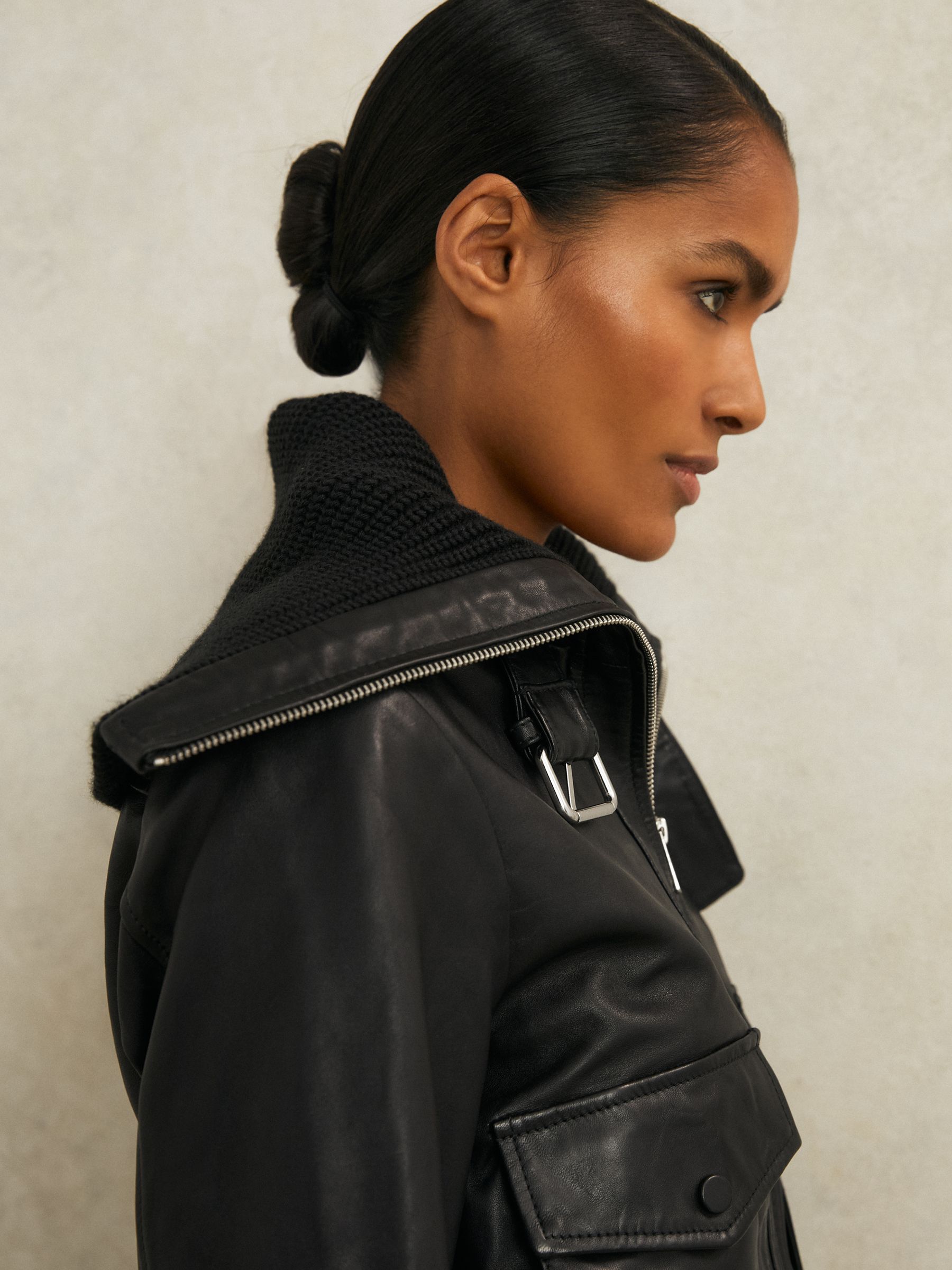 Atelier Leather Rib-Trim Jacket in Black