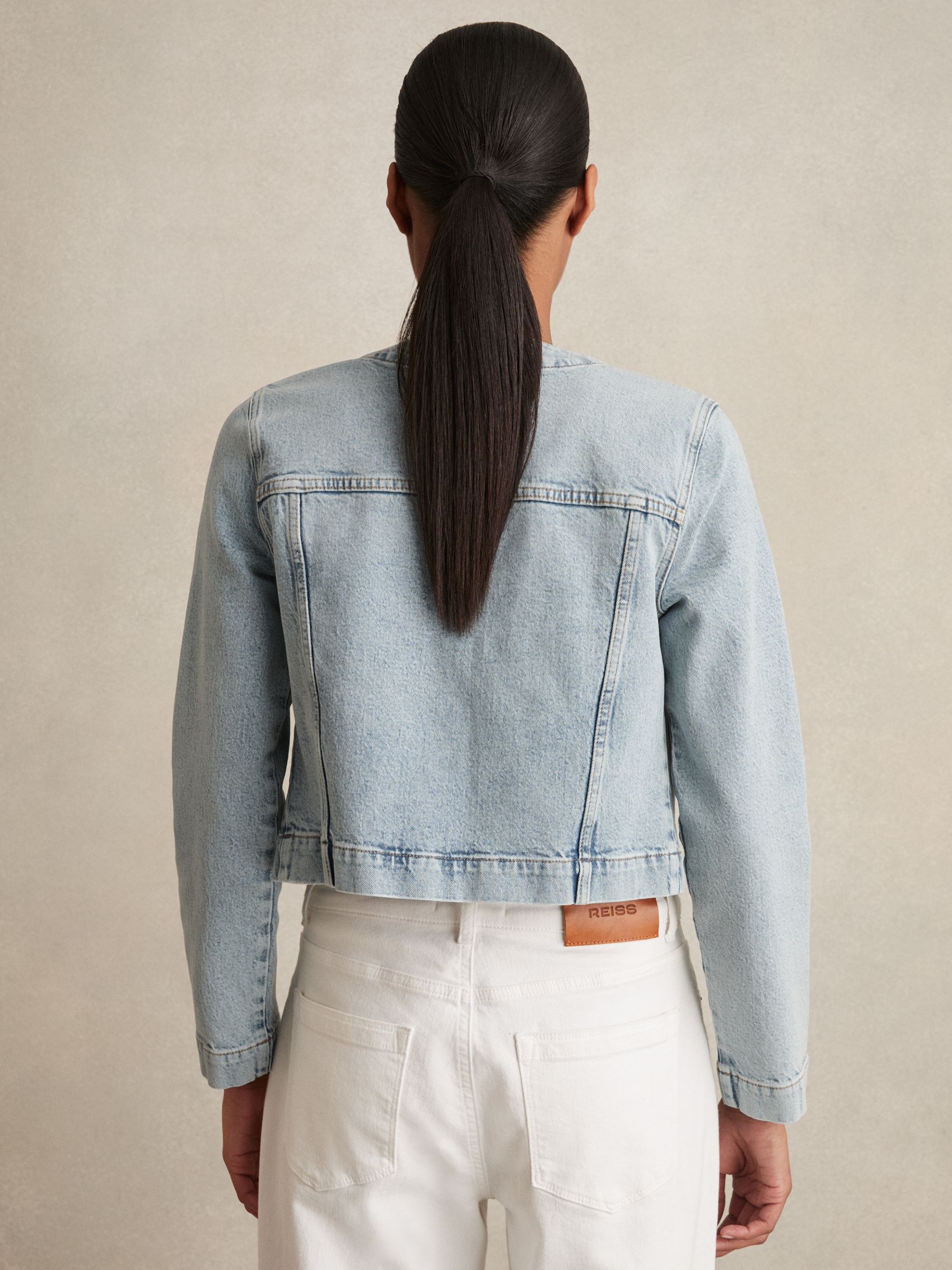 Collarless Cropped Denim Jacket in Light Blue
