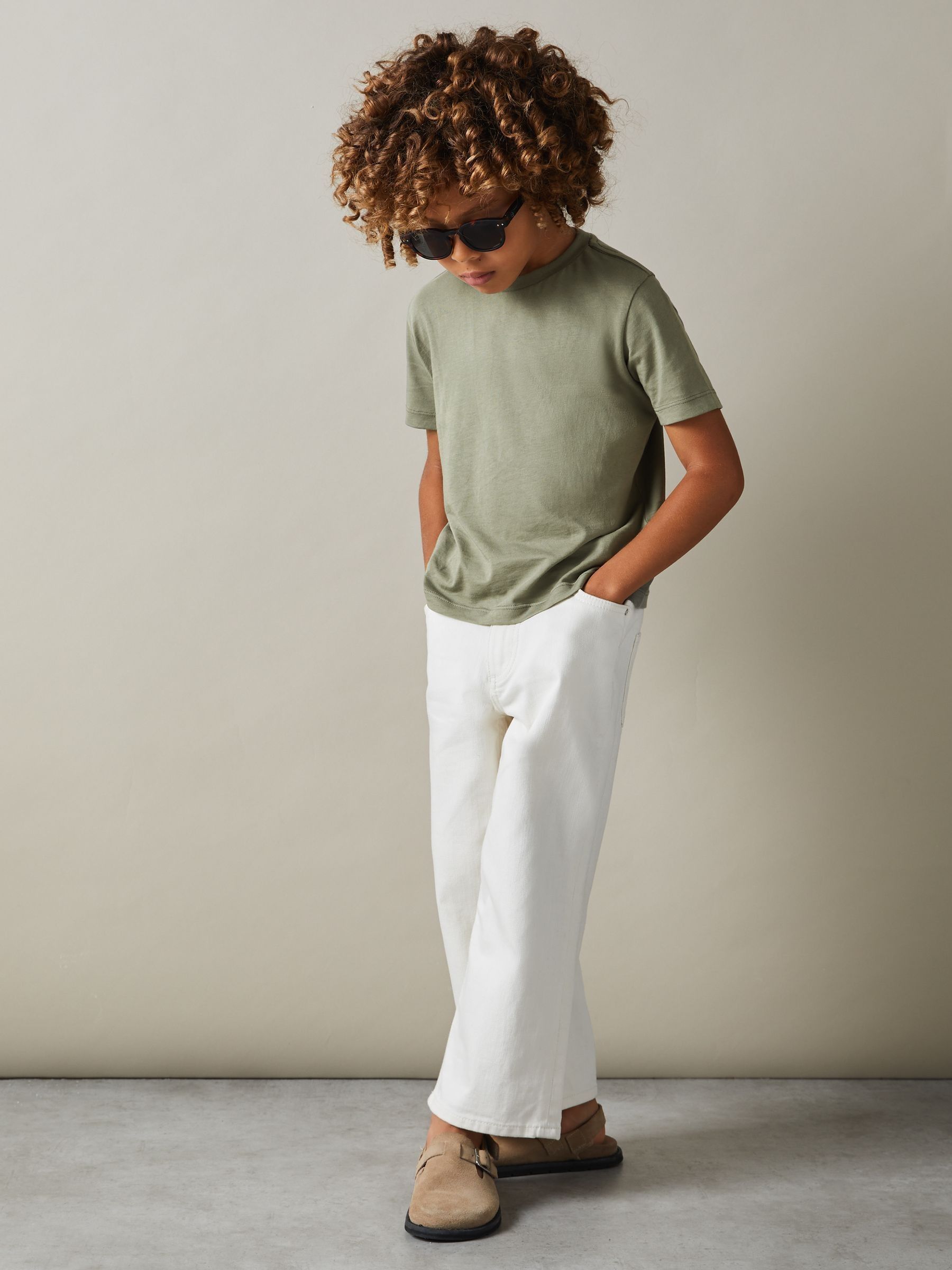 9-13 yrs Three Pack Of Crew Neck T-Shirts in White/Lichen Green/Steel Blue