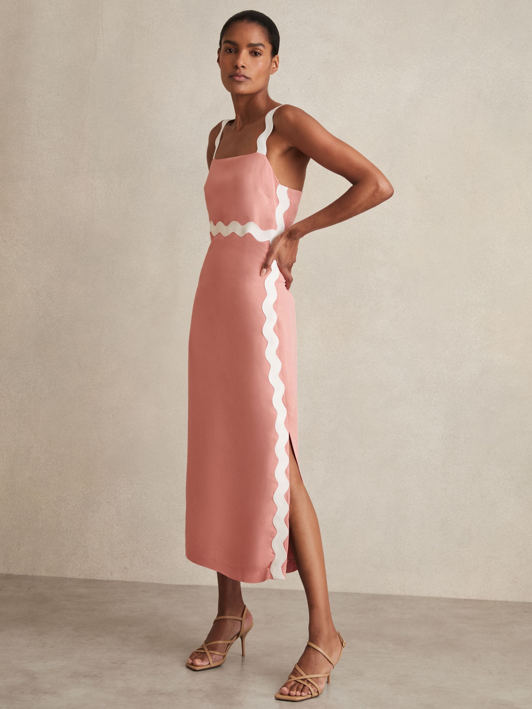 Wave-Trim Crepe Midi Dress in Pink