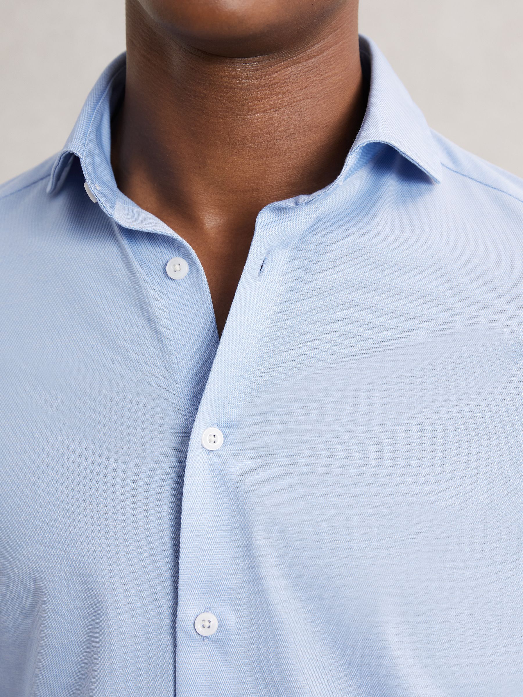 Cotton-Blend Jersey Cutaway-Collar Shirt in Soft Blue