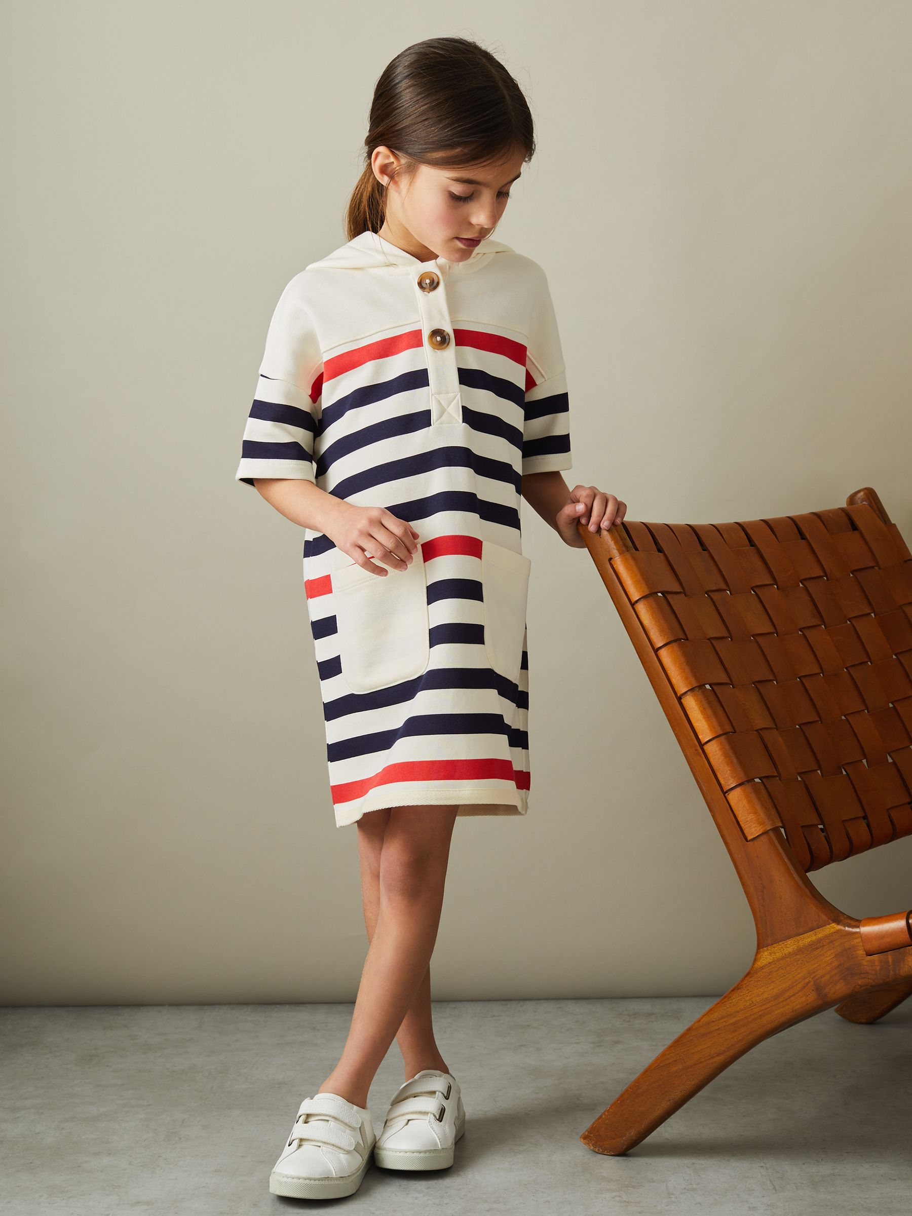 9-13 yrs Striped Jersey Hooded Dress in Ecru