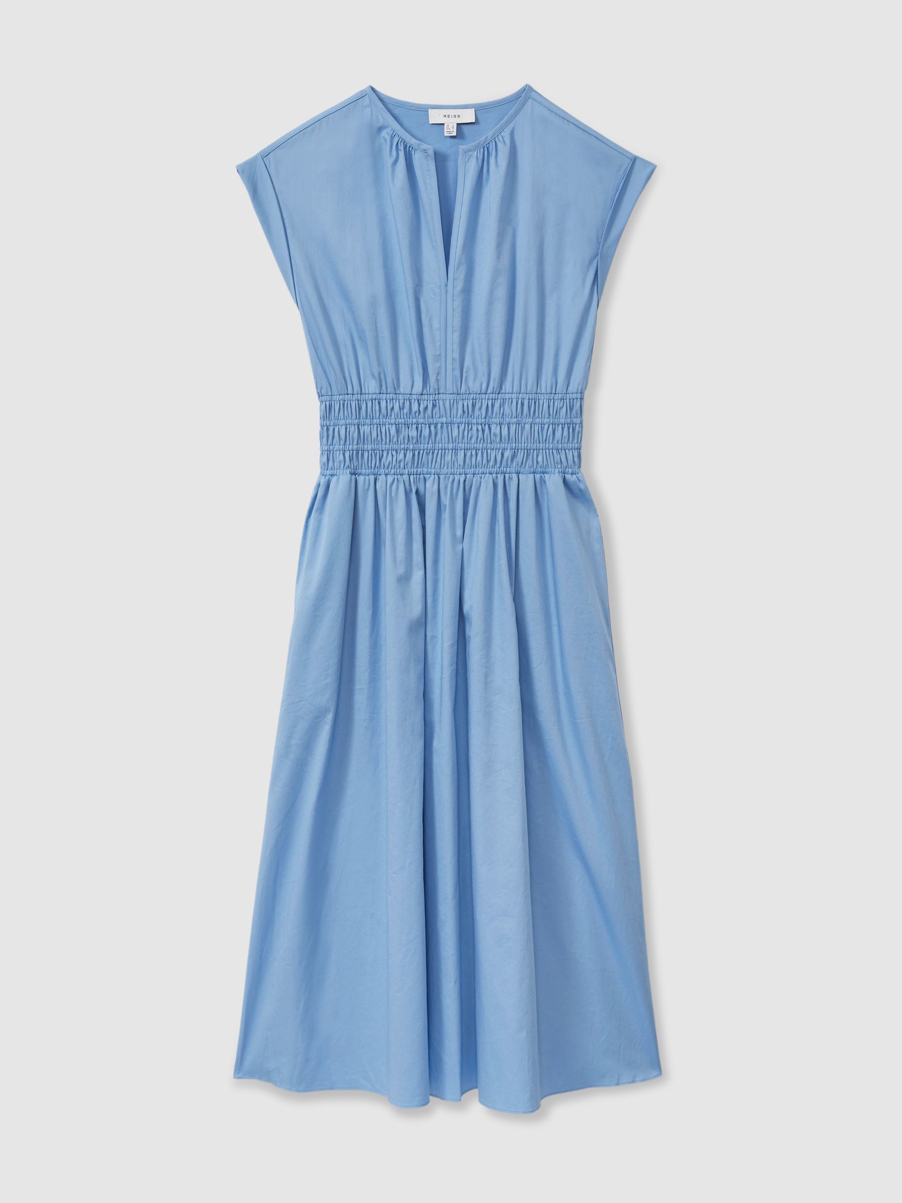 Cotton Ruched Waist Midi Dress in Blue