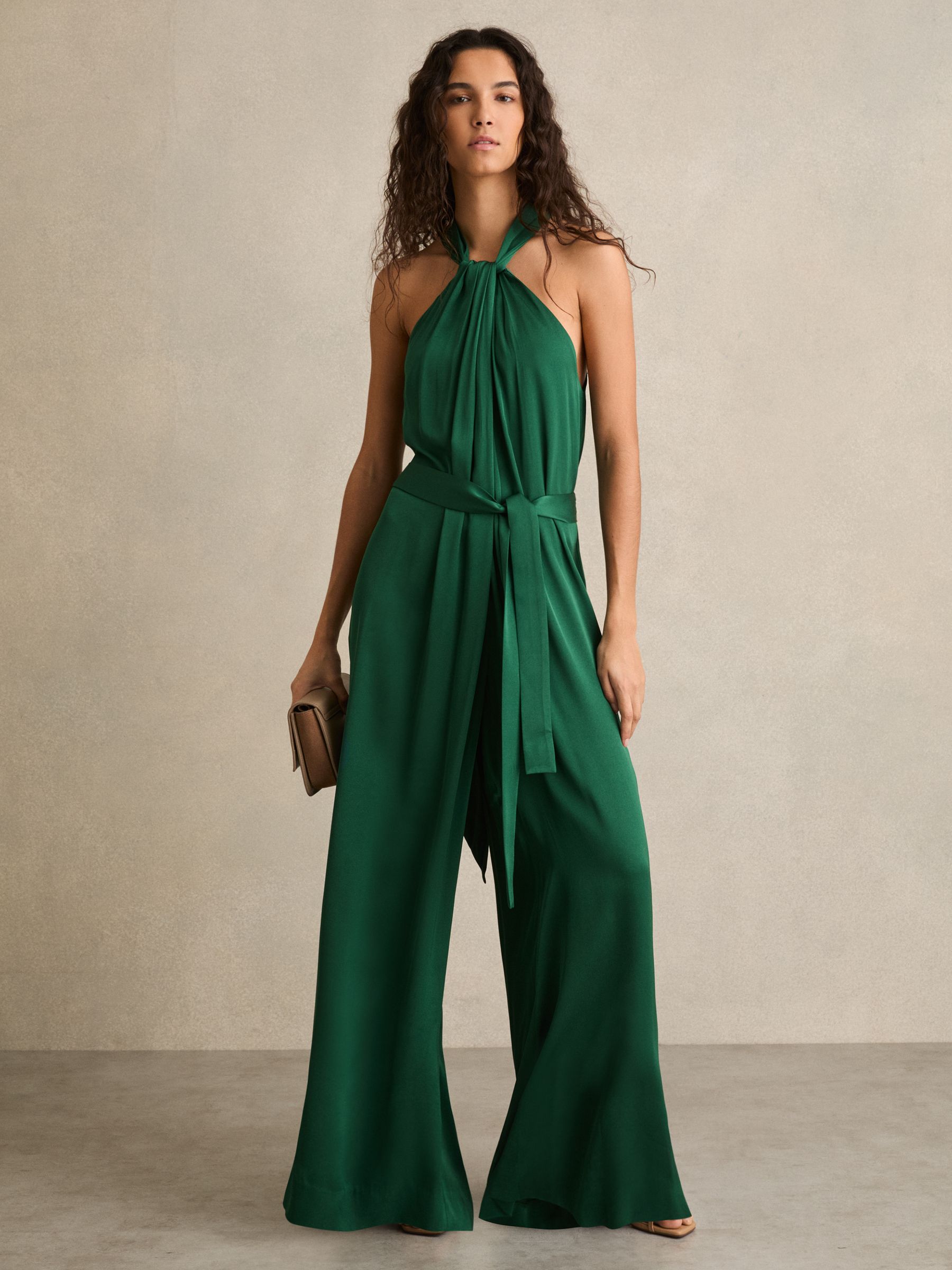 Satin Wide-Leg Draped Jumpsuit in Green