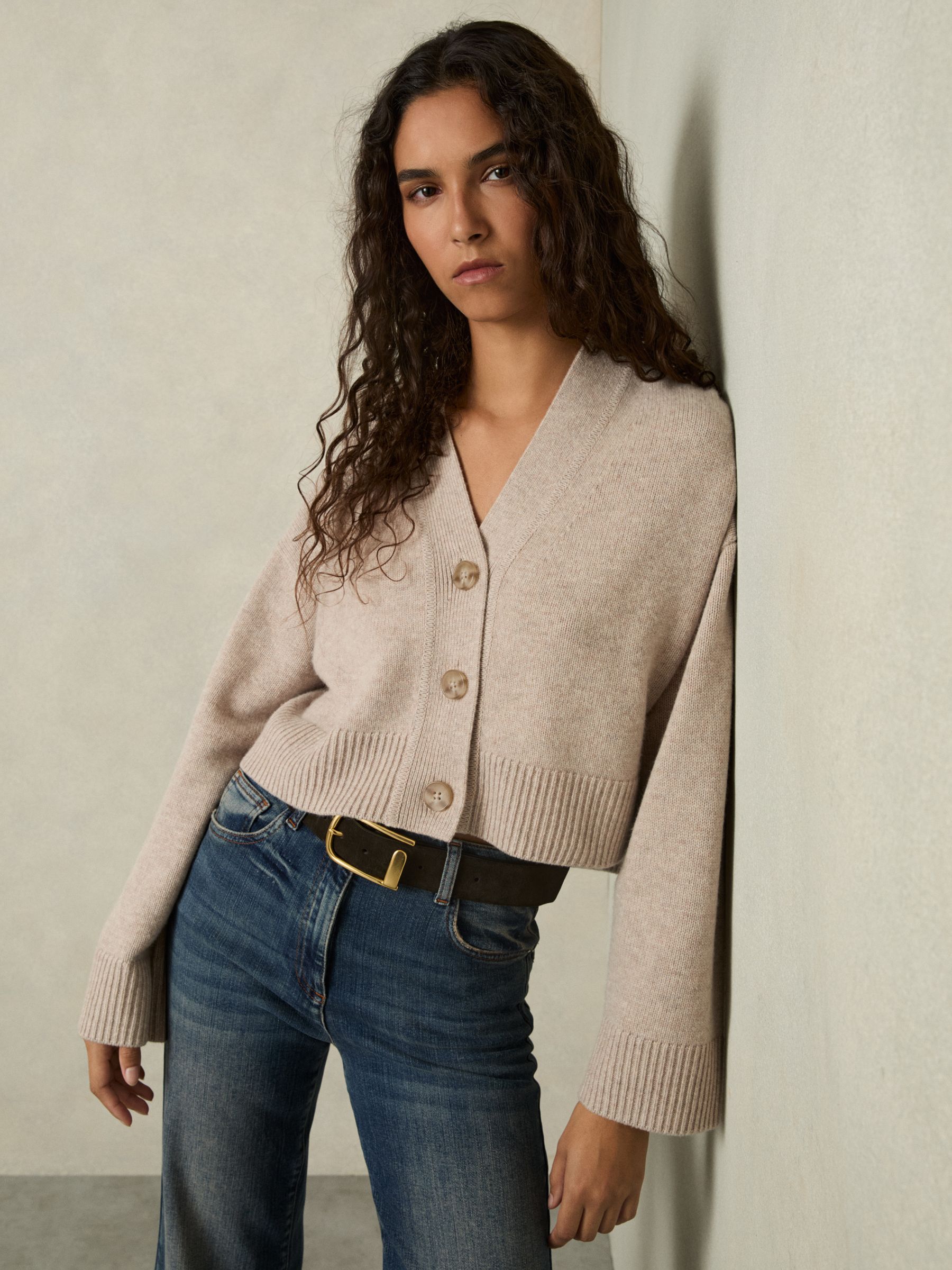 Wool-Cashmere Cropped Cardigan in Oatmeal