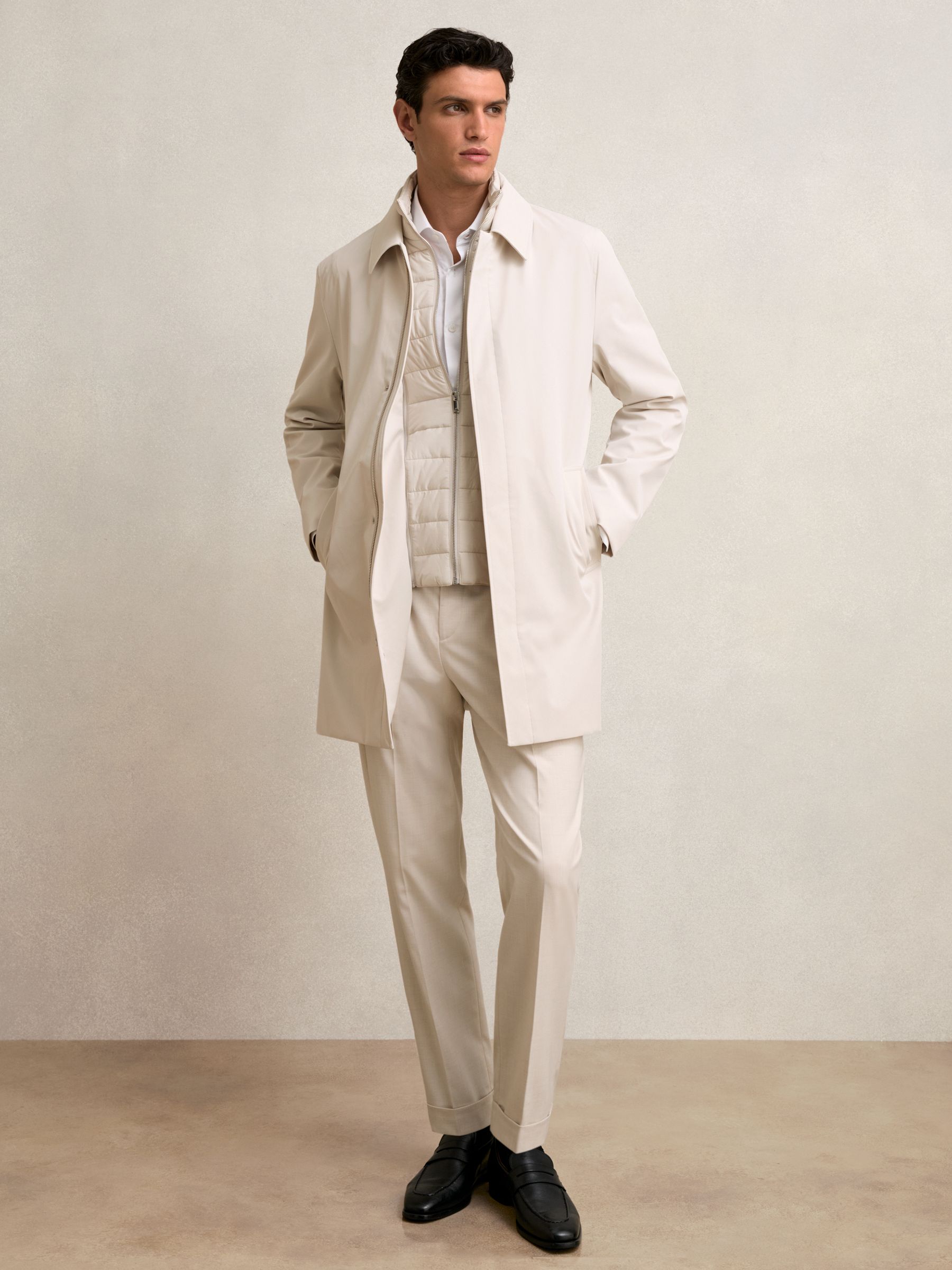 Hybrid Removable Funnel Neck Overcoat in Light Stone