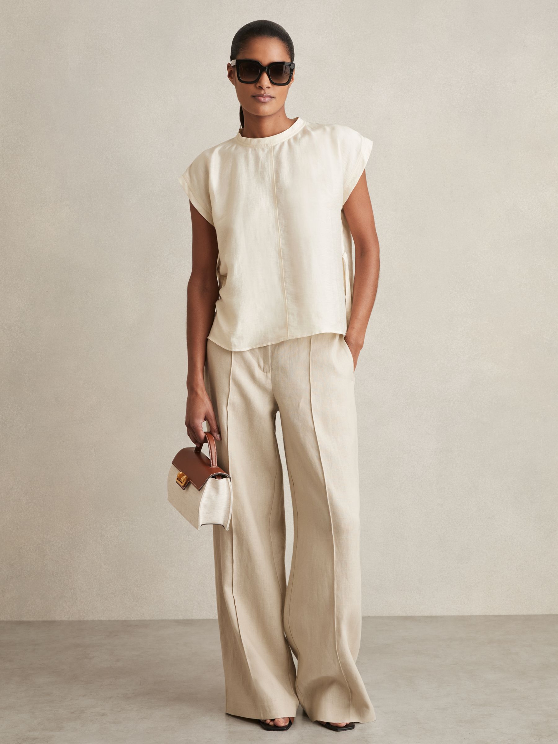 Linen-Blend Cap-Sleeve T-Shirt in Cream