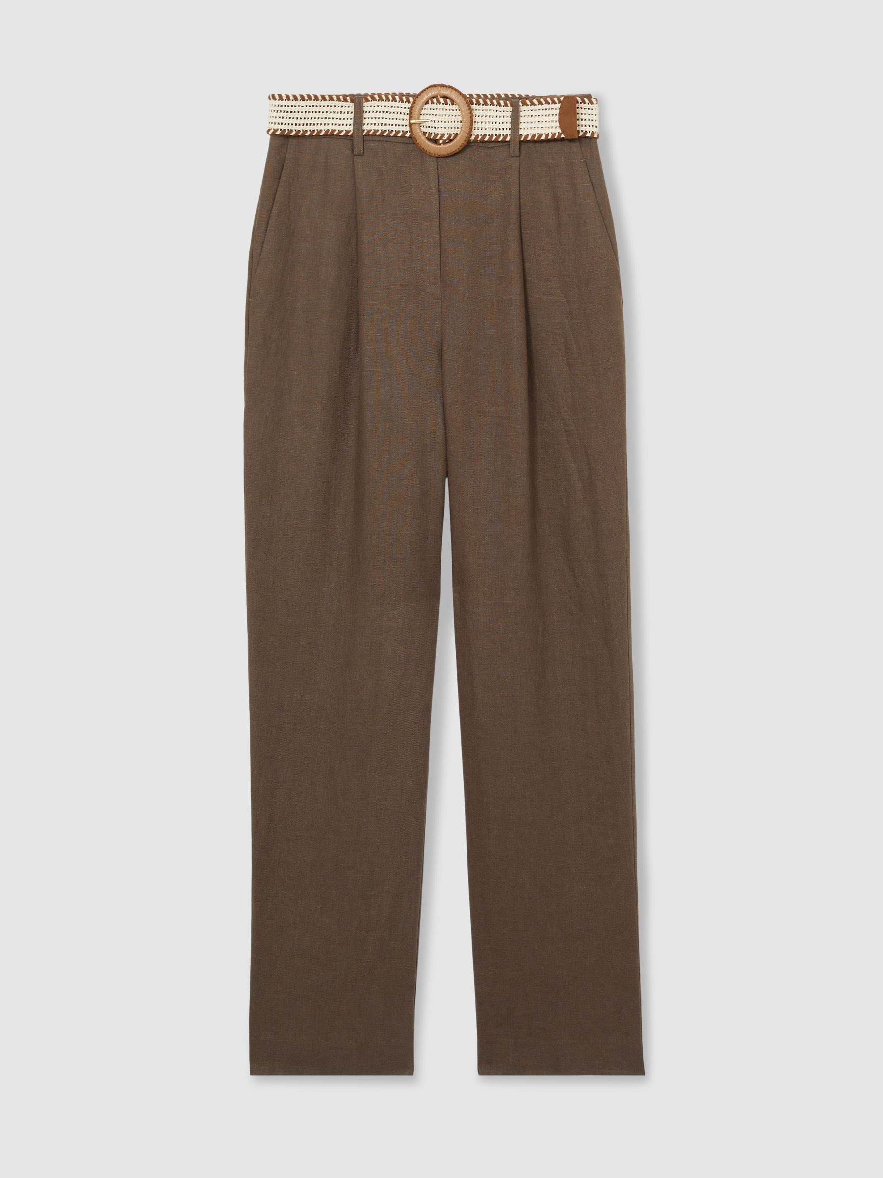 Linen Belted Tapered Trousers in Mink Neutral