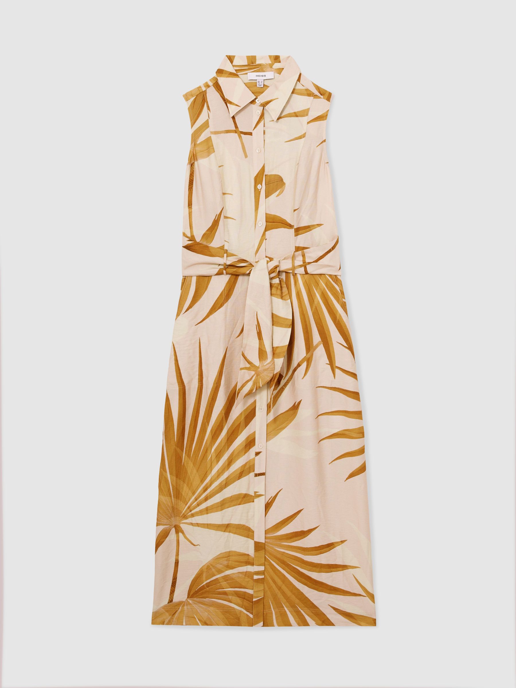 Petite Palm-Print Sleeveless Shirt Dress in Neutral