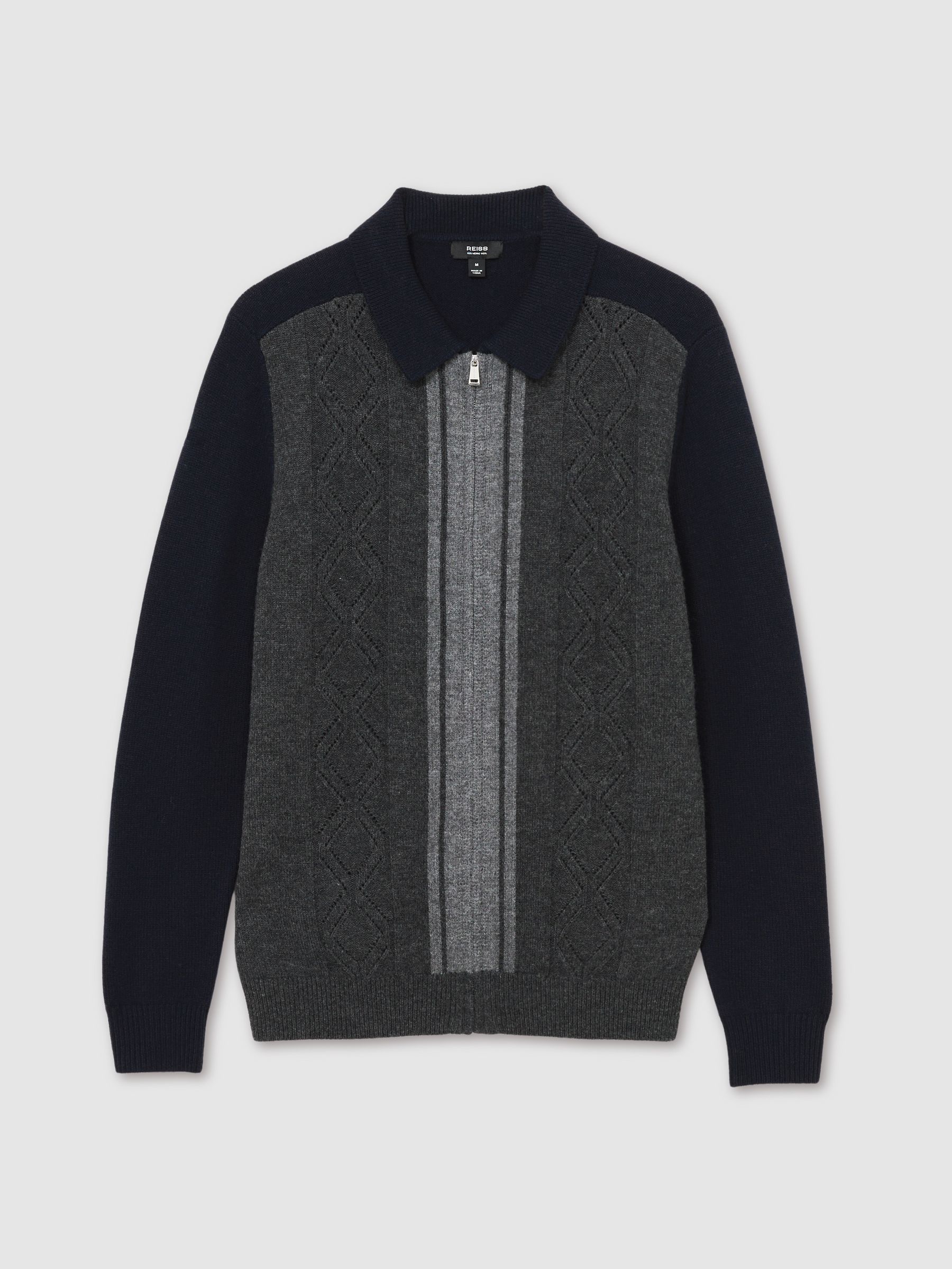 Wool Colour-Block Zip-Through Cardigan in Navy/Grey