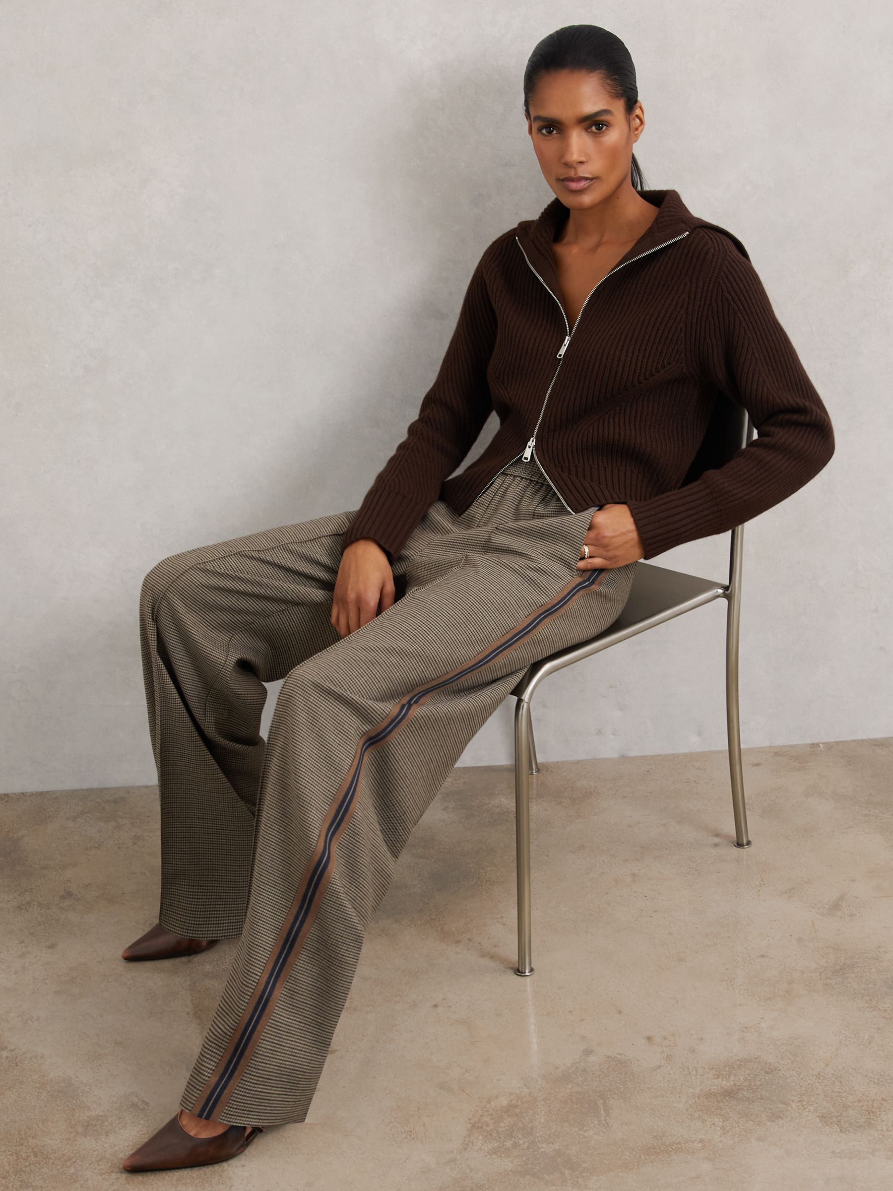 Side-Stripe Wide-Leg Check Trousers in Neutral Check