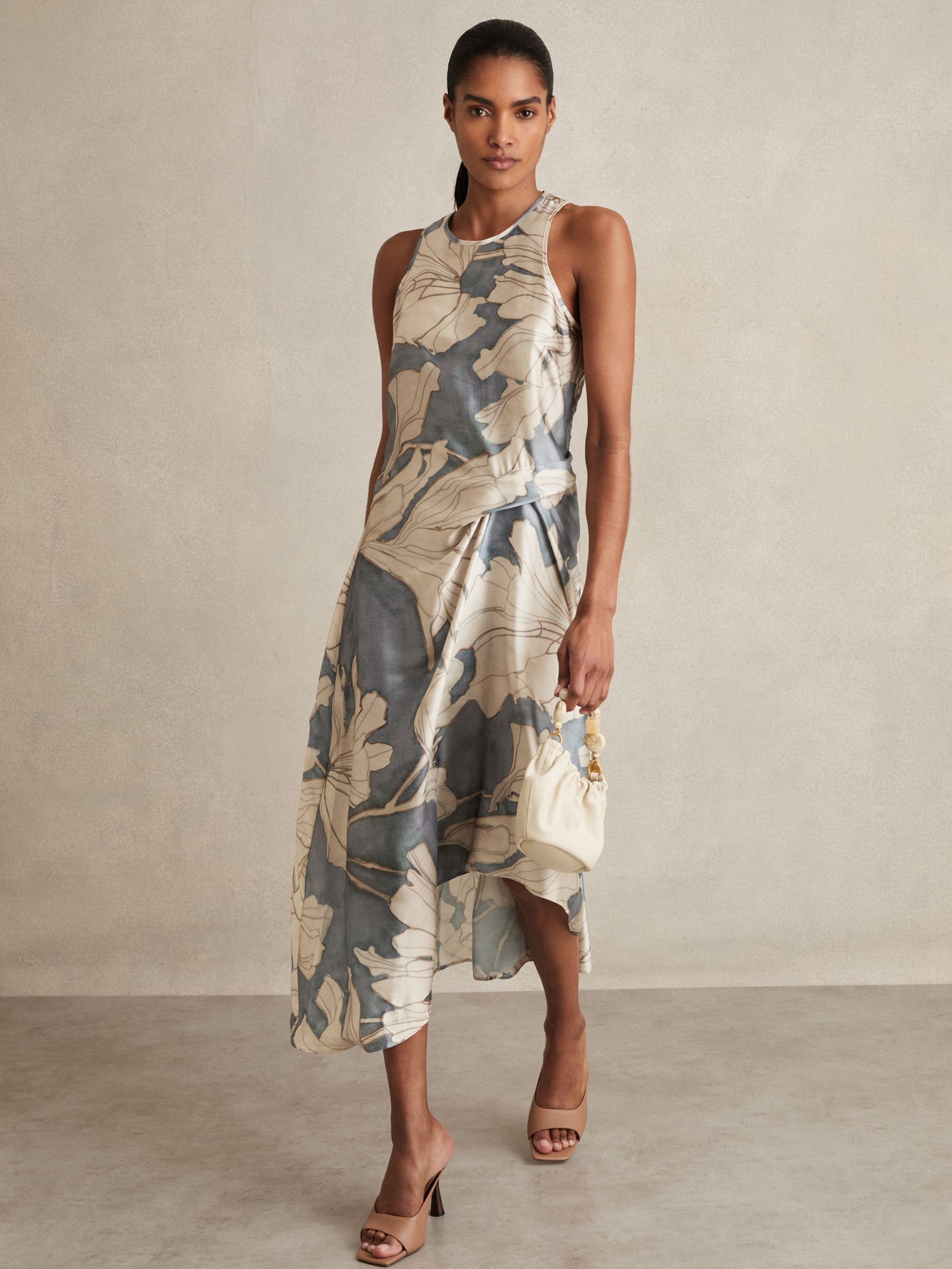 Satin Floral Drape Midi Dress in Blue